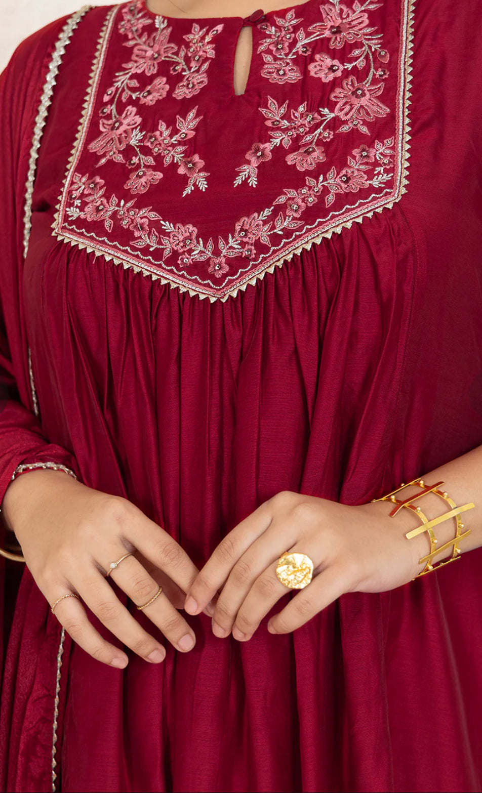 Red Chanderi Embellished Kurta with Palazzo and Dupatta