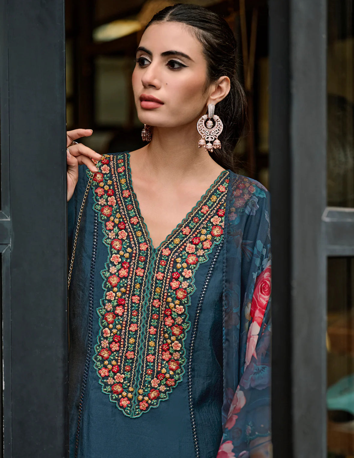 Blue Embroidered A-Line Kurta Trousers With Dupatta Set Indo-Silae