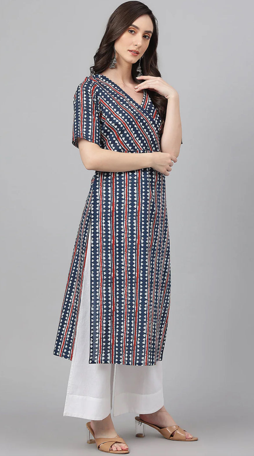 Navy Blue Cotton Geometric Straight Kurta Silae