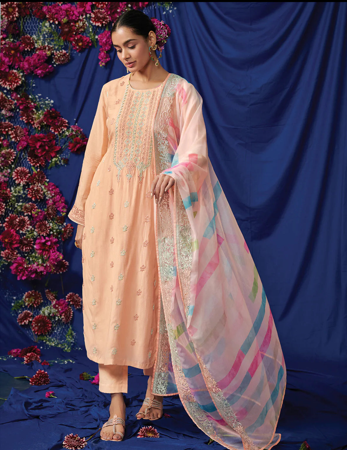 Peach Embroidered Straight Kurta Trousers With Dupatta Set
