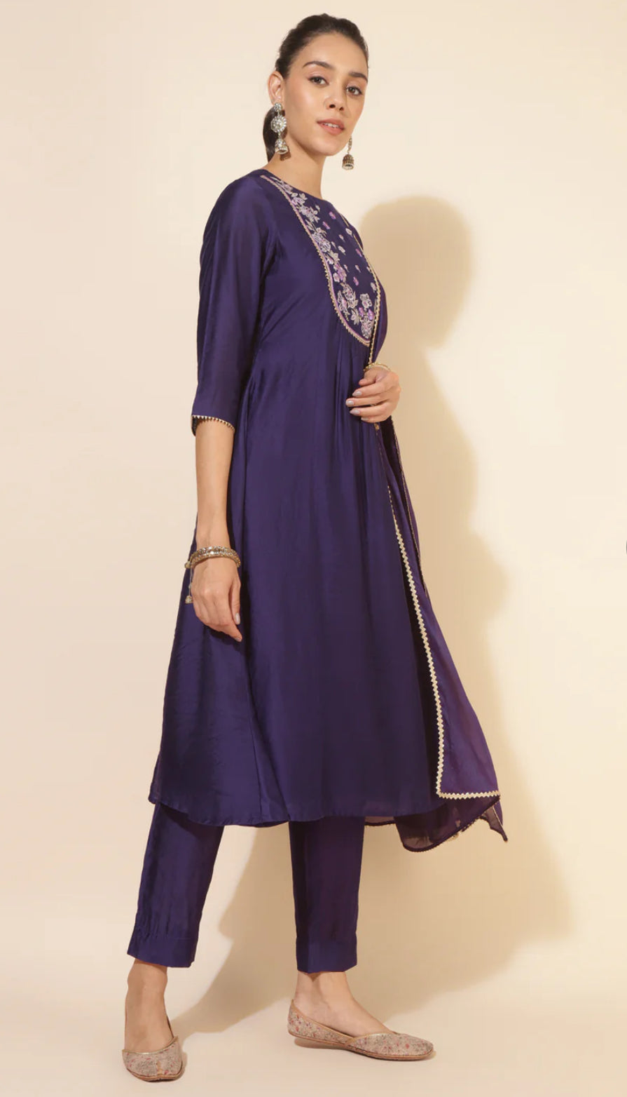 Purple Chanderi Yoke Embroidery A-Line Kurta Set
