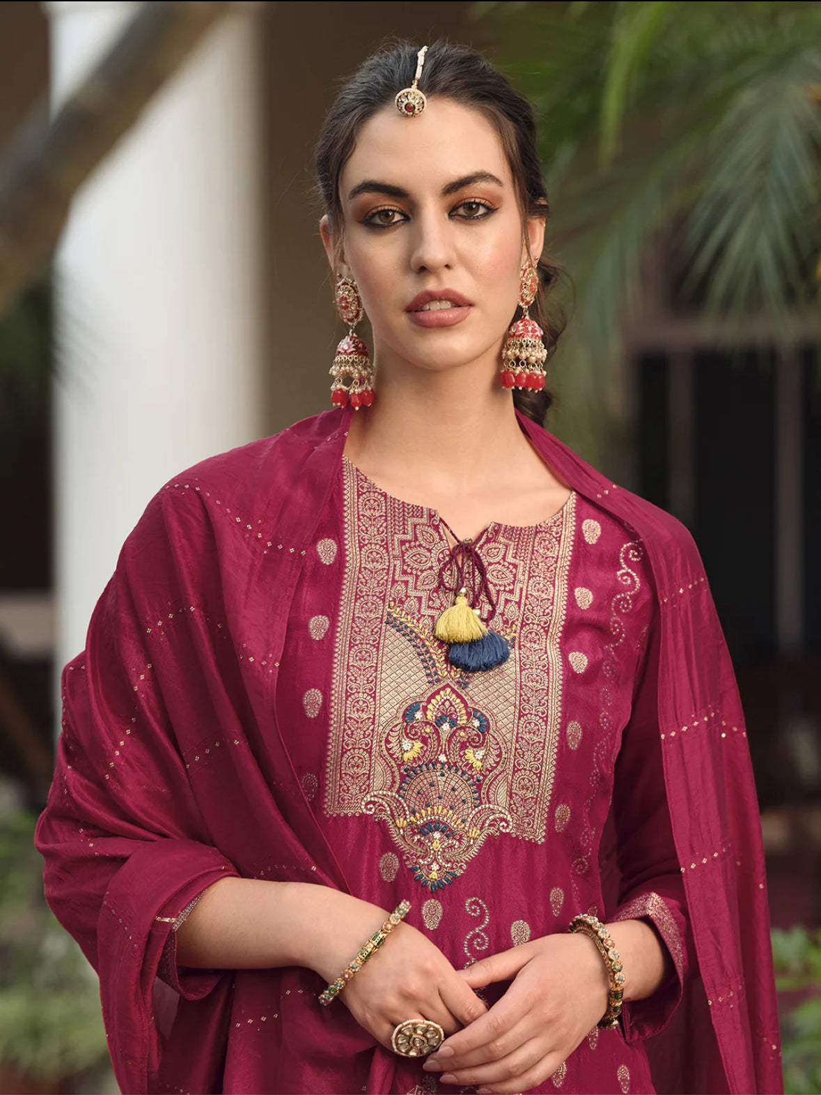 Burgundy Embroidered Straight Kurta Trousers With Dupatta Set Silae: Shop Ethnic & Western Wear for Women