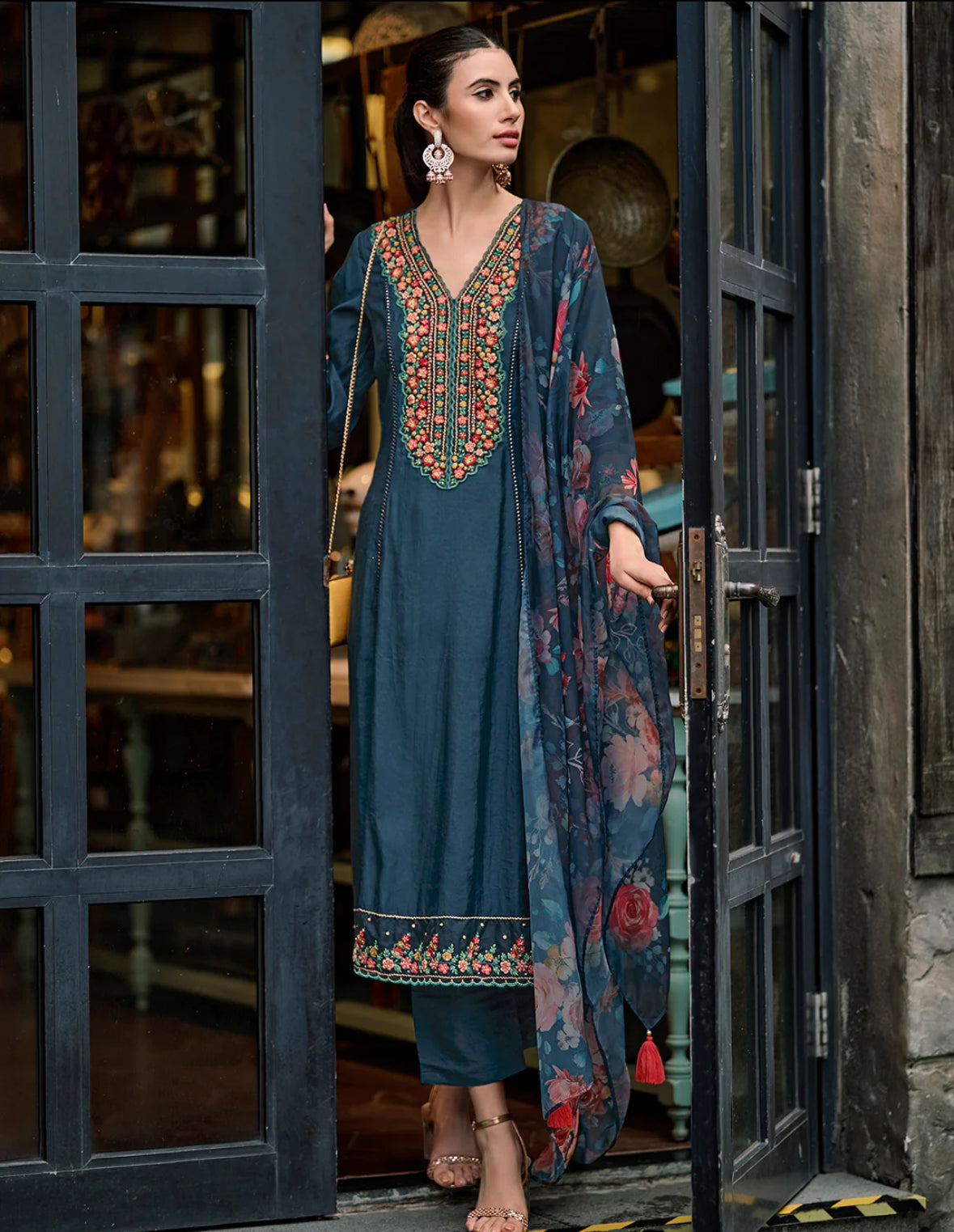 Blue Embroidered A-Line Kurta Trousers With Dupatta Set Indo-Silae