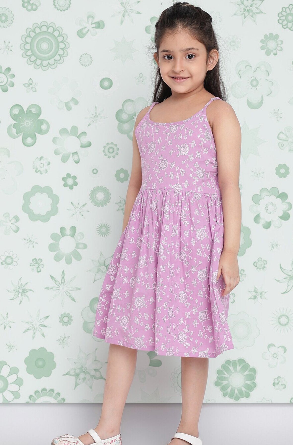 Girls Lavender Floral Printed Cotton Fit & Flare Dress Indo-Silae