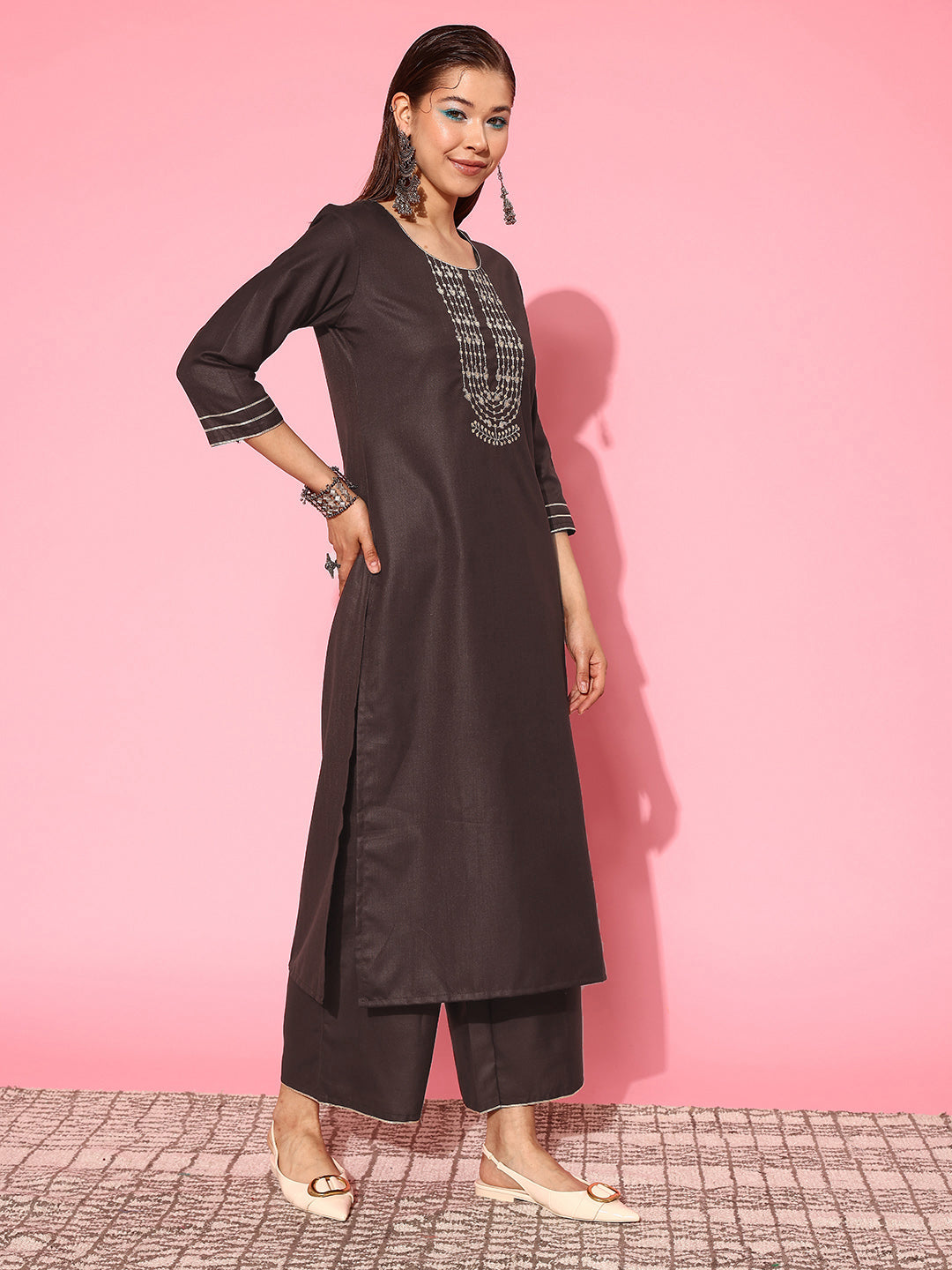 Indo Era Brown Ethnic Motifs Embroidered Regular Kurta with Palazzos & With Dupatta