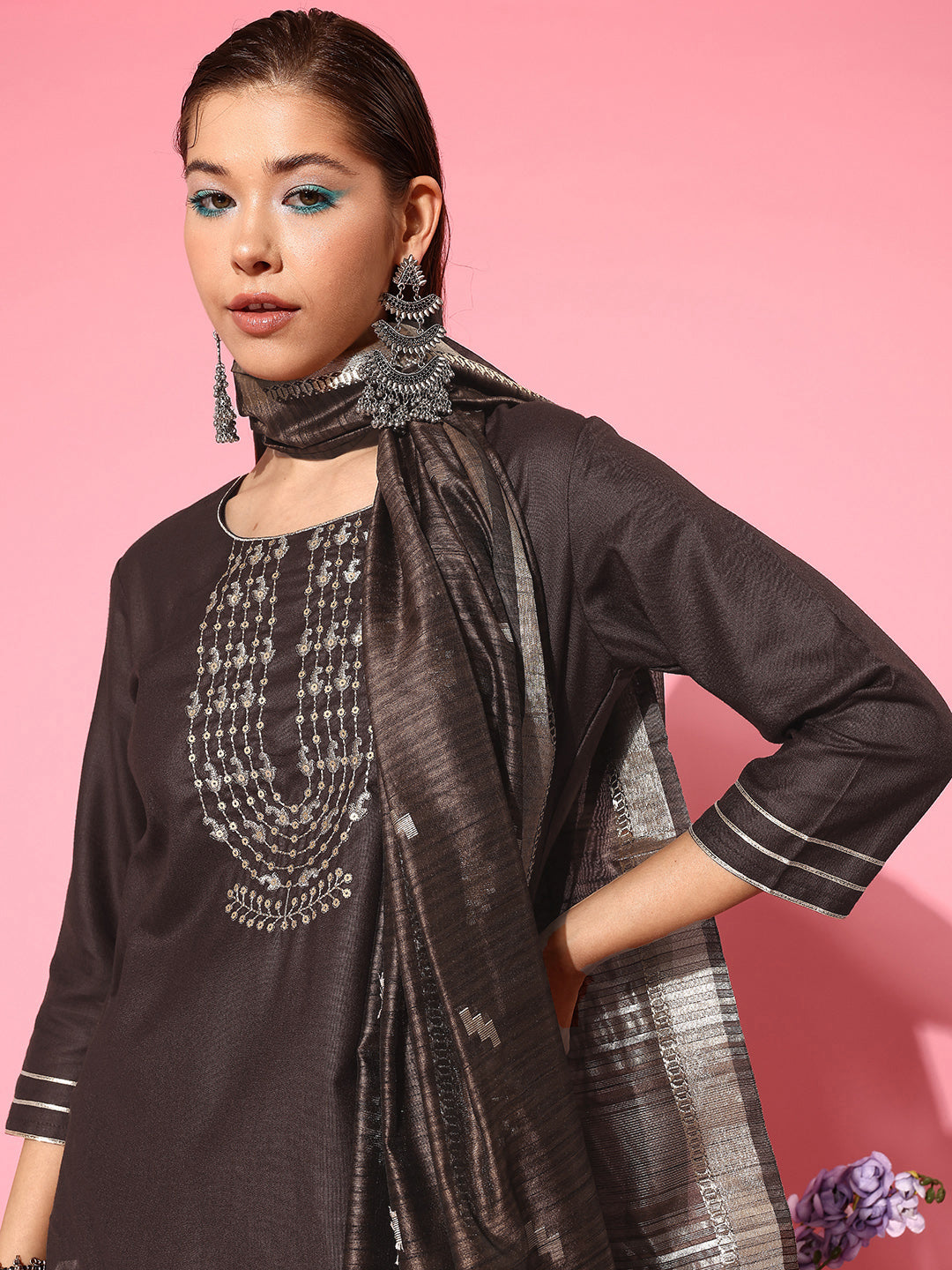 Indo Era Brown Ethnic Motifs Embroidered Regular Kurta with Palazzos & With Dupatta