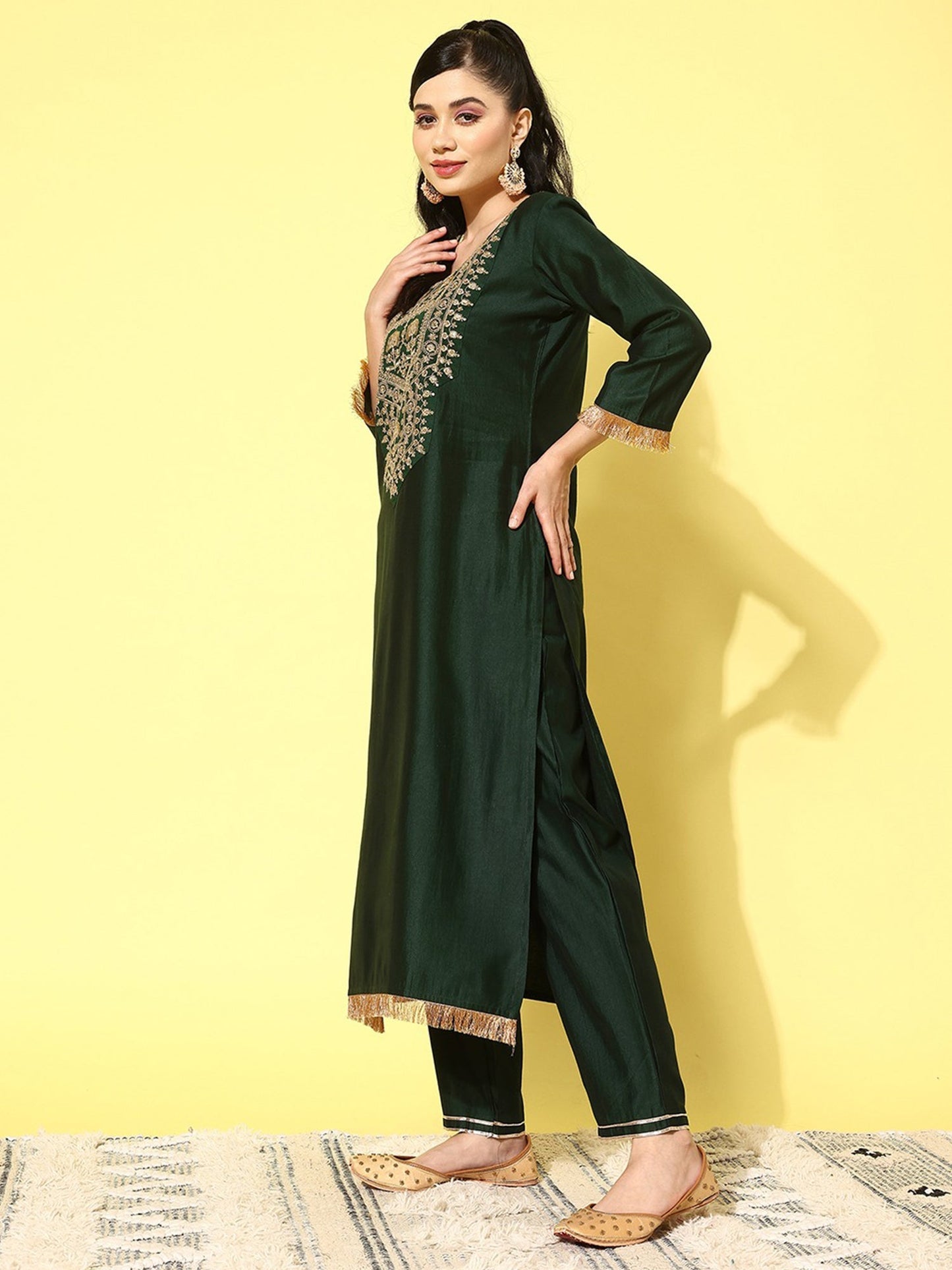 Green Embroidered Straight Kurta Trouser With Dupatta Set