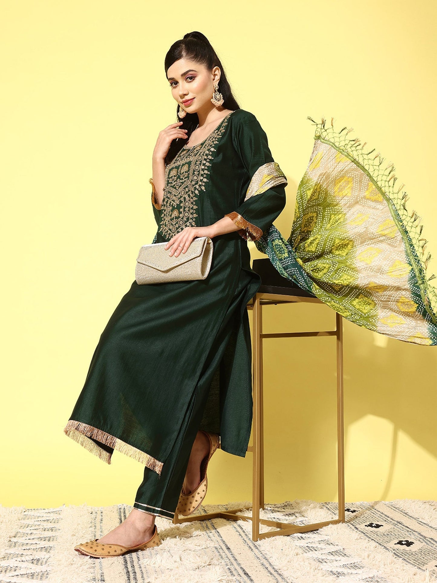 Green Embroidered Straight Kurta Trouser With Dupatta Set
