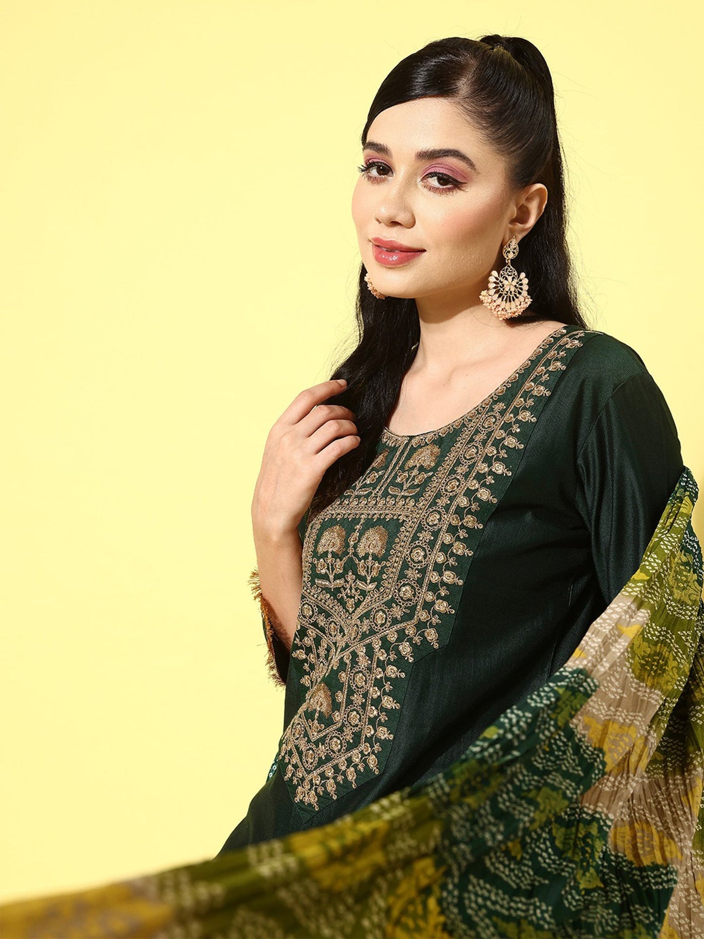 Green Embroidered Straight Kurta Trouser With Dupatta Set