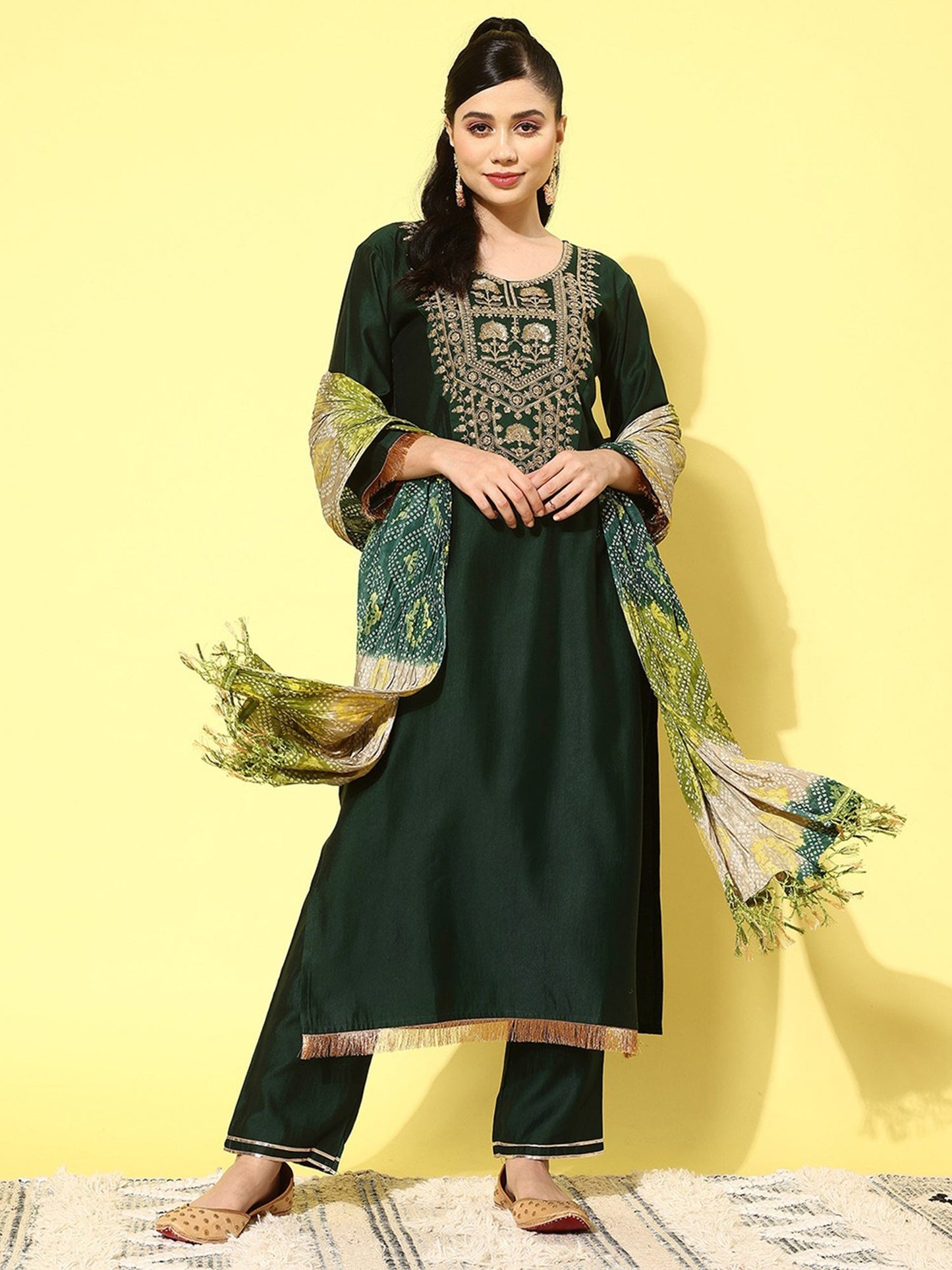 Green Embroidered Straight Kurta Trouser With Dupatta Set