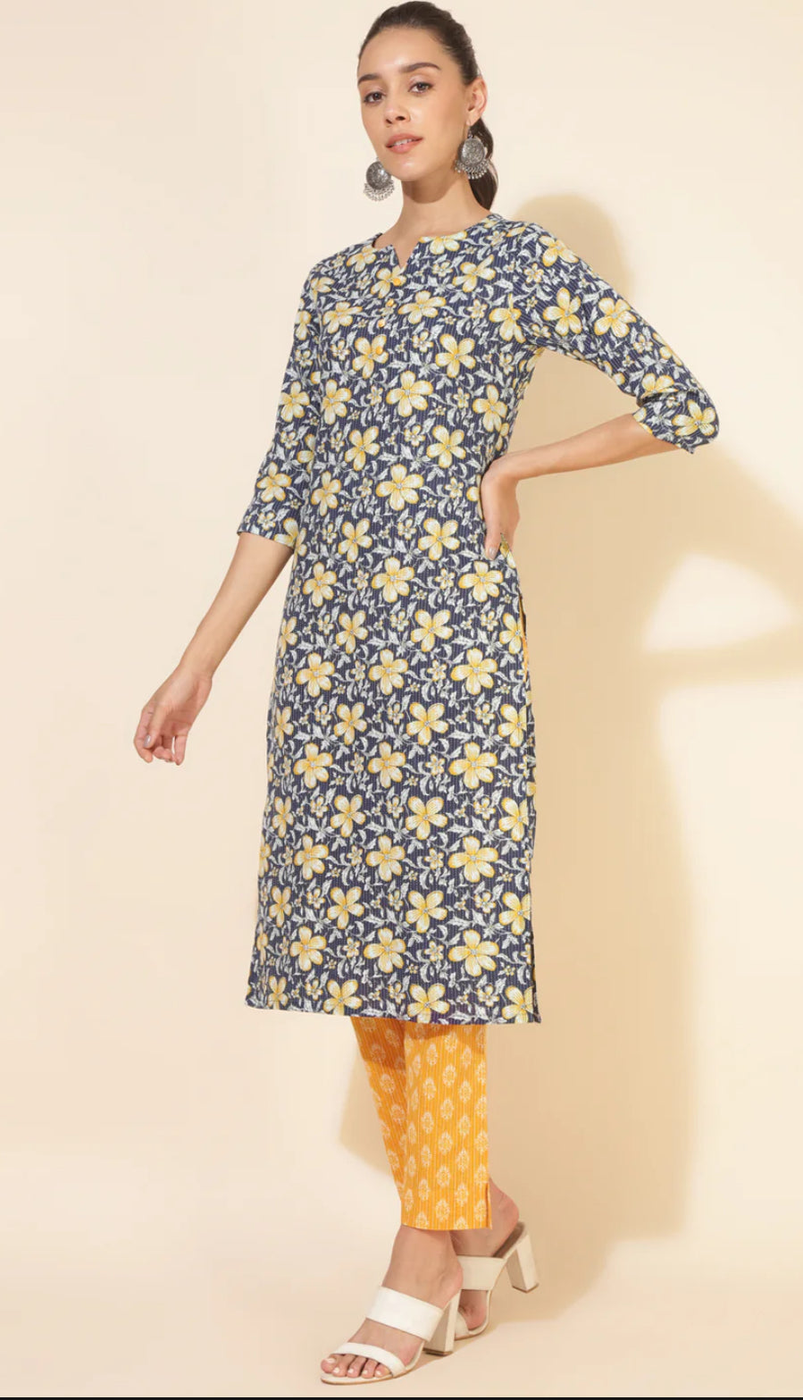 Blue Cotton Floral Regular Kurta Set