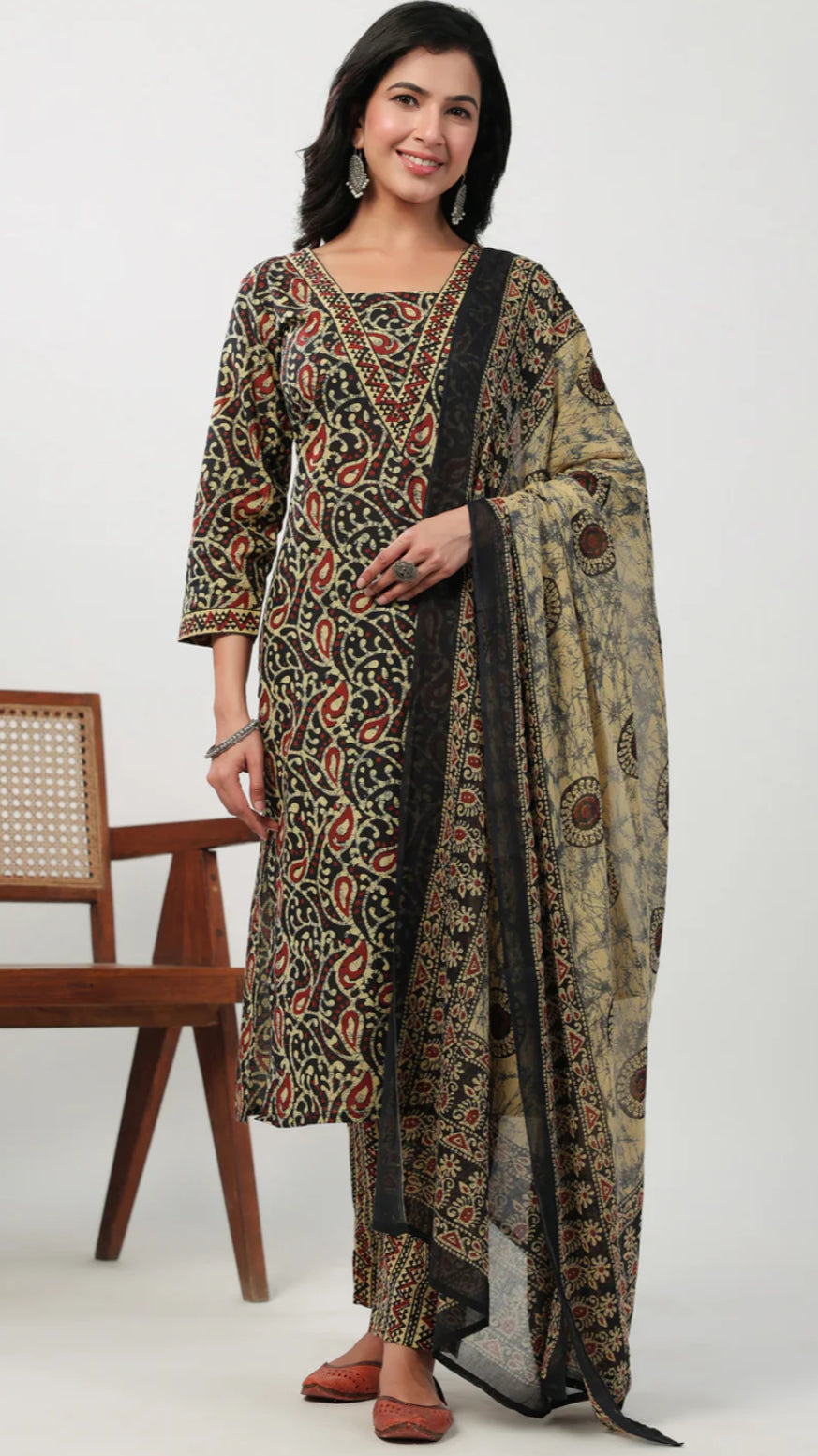 Black Cotton Batik Straight Kurta Set