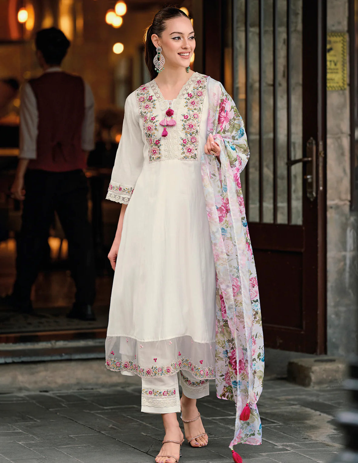White Embroidered A-Line Kurta Trousers With Dupatta Set Indo-Silae