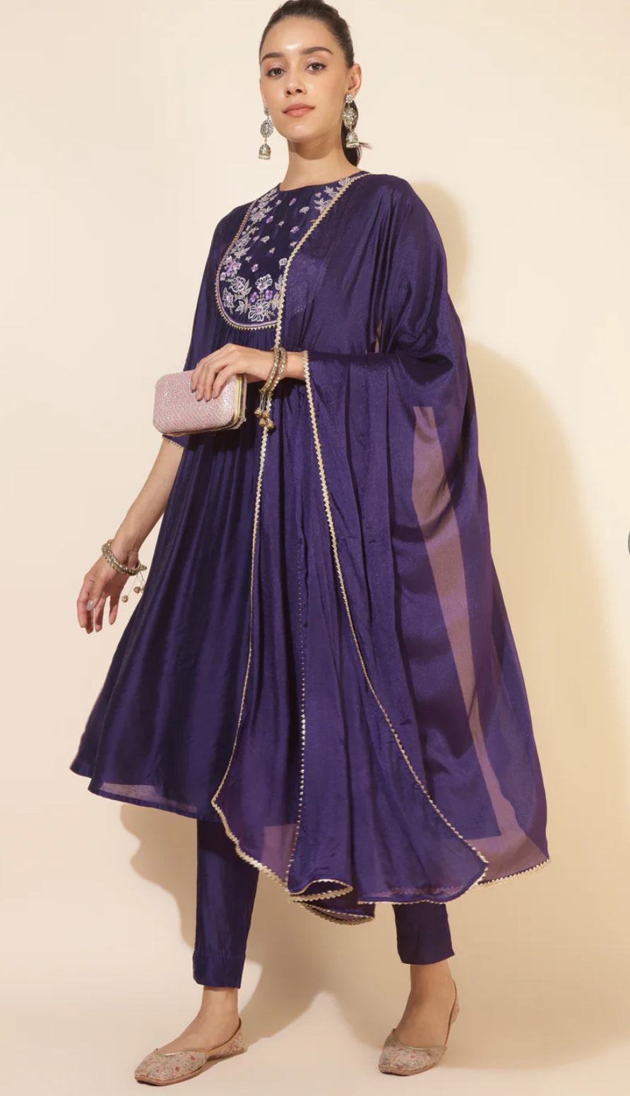 Purple Chanderi Yoke Embroidery A-Line Kurta Set