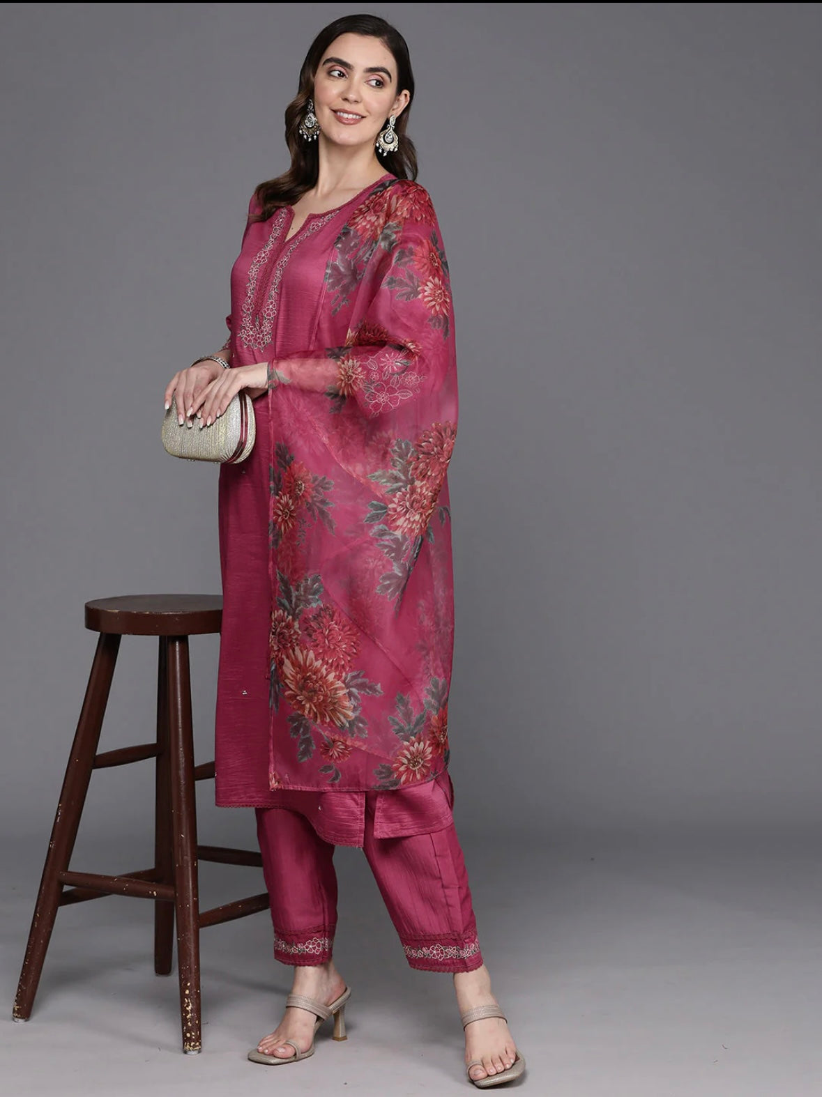 Pink Embroidered Straight Kurta Trousers With Dupatta Set Indo-Silae