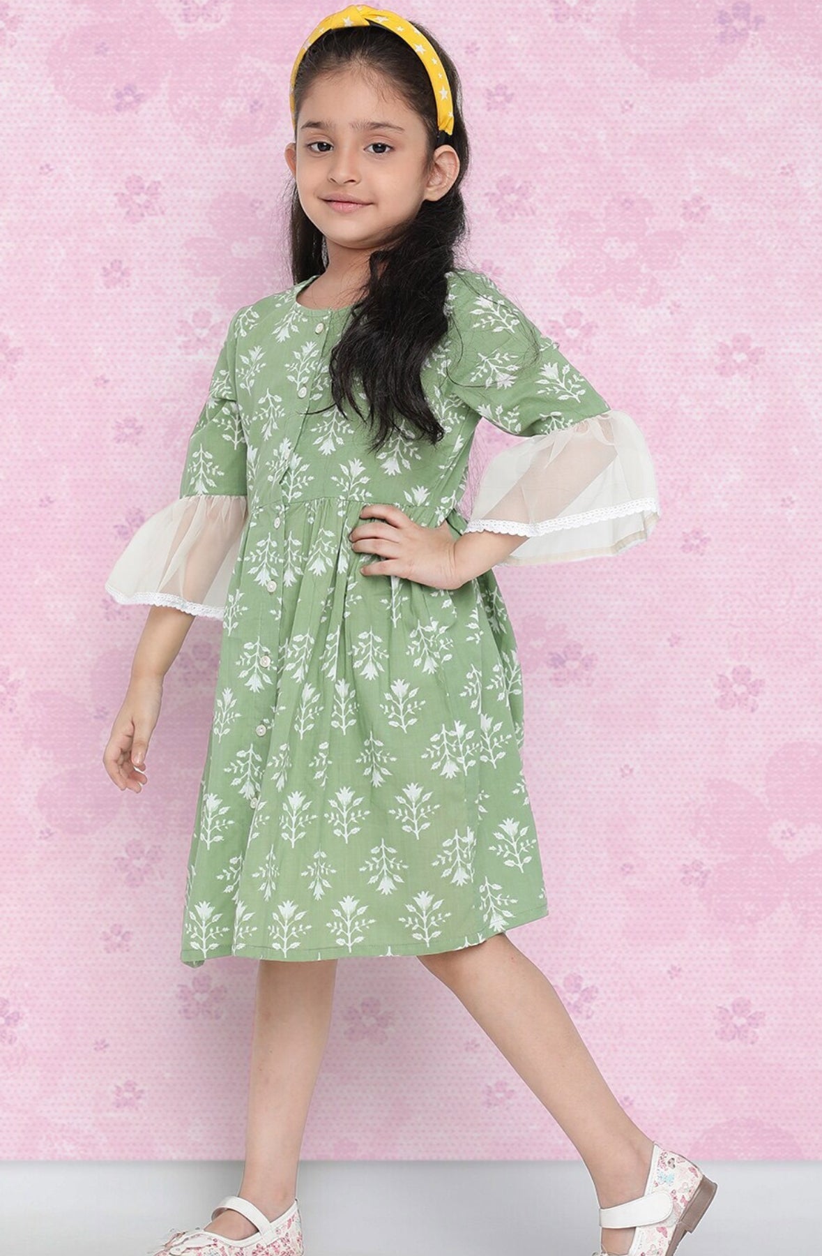 Girls Green Floral Printed Bell Sleeve Cotton A-Line Dress Indo-Silae