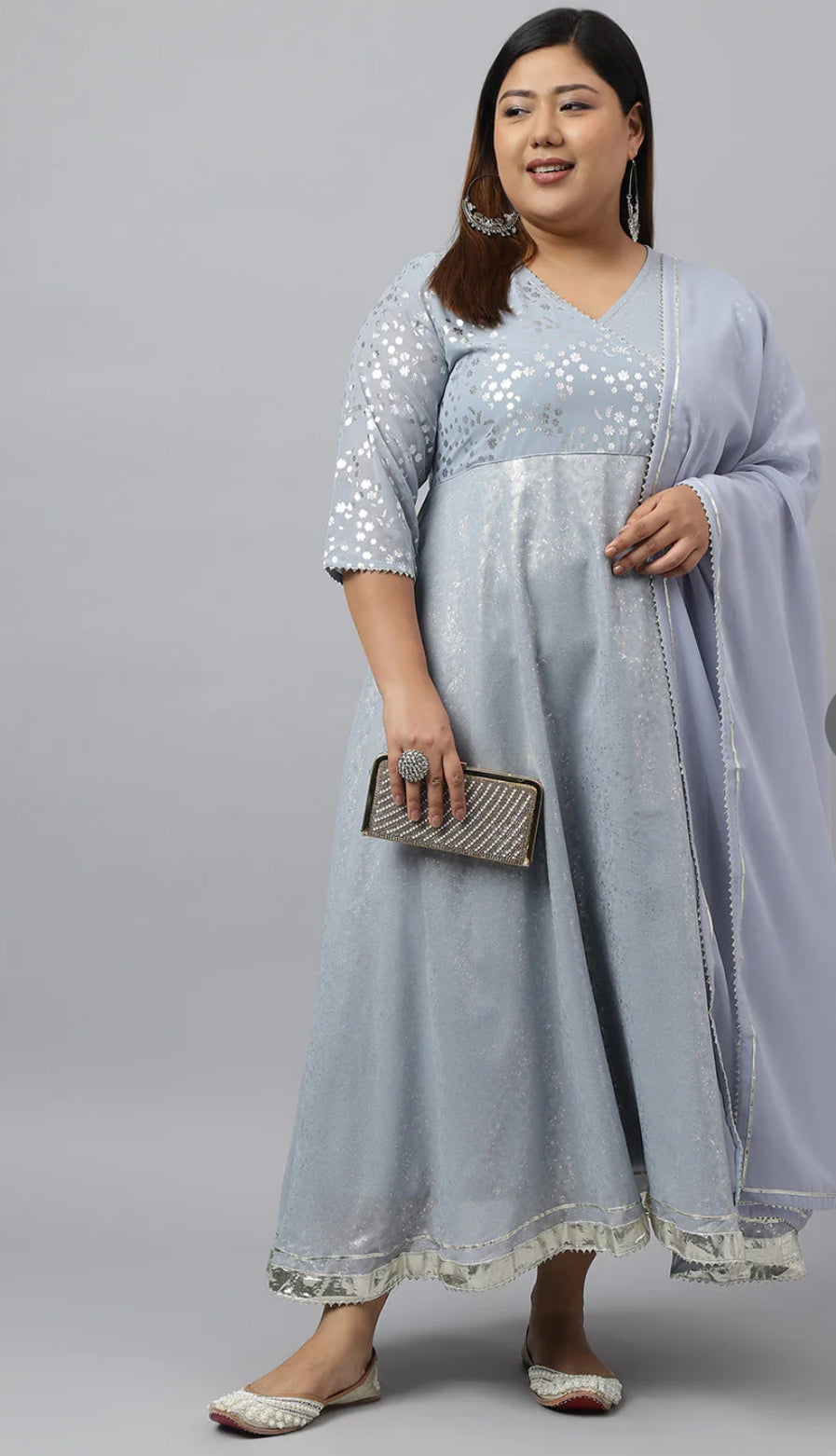Grey Georgette Foil Printed Kurta with Dupatta