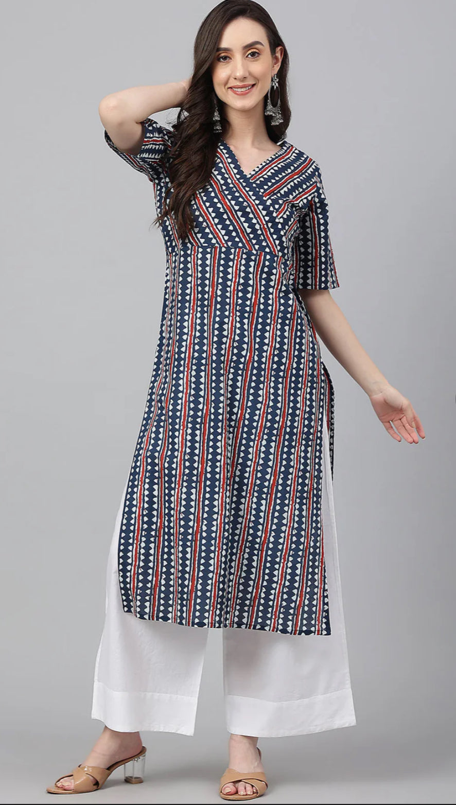 Navy Blue Cotton Geometric Straight Kurta Silae