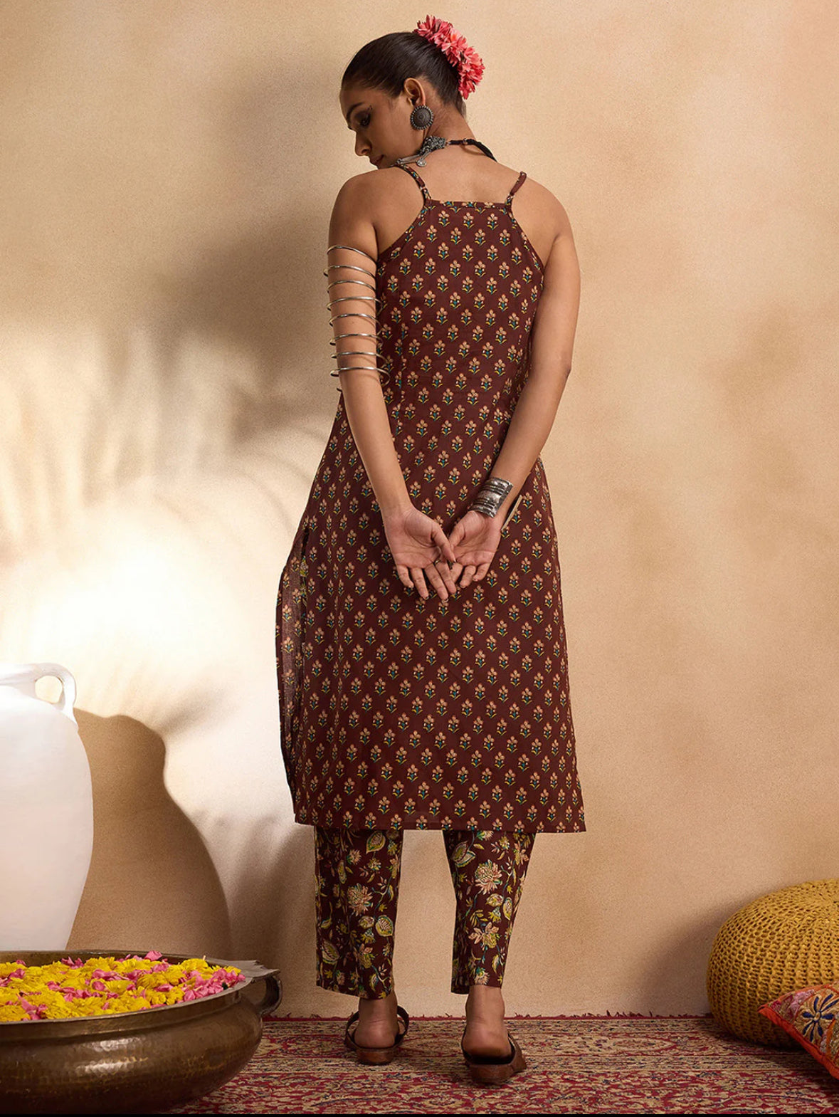 Brown Printed Straight Kurta Trousers set