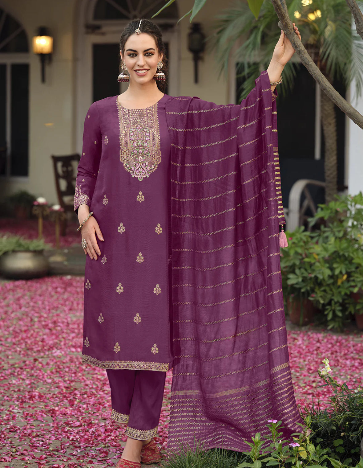 Burgundy Embroidered Straight Kurta Trousers With Dupatta Set Silae: Shop Ethnic & Western Wear for Women