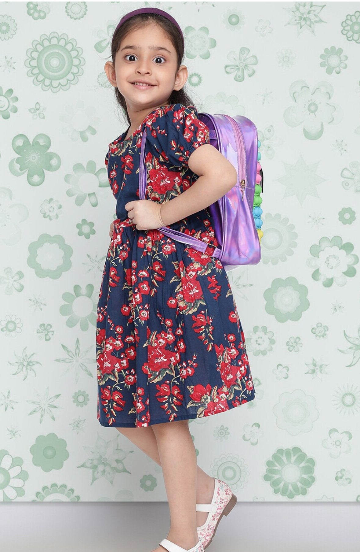 Girls Navy Blue Floral Printed Cotton A-Line Dress Indo-Silae