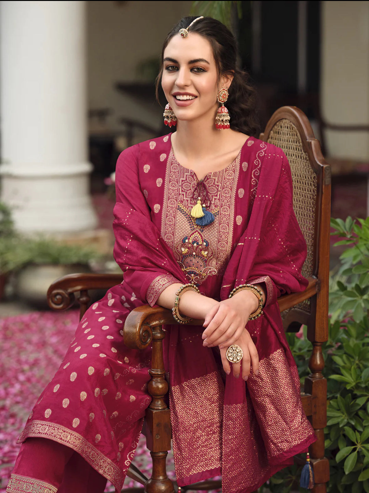 Burgundy Embroidered Straight Kurta Trousers With Dupatta Set Silae: Shop Ethnic & Western Wear for Women