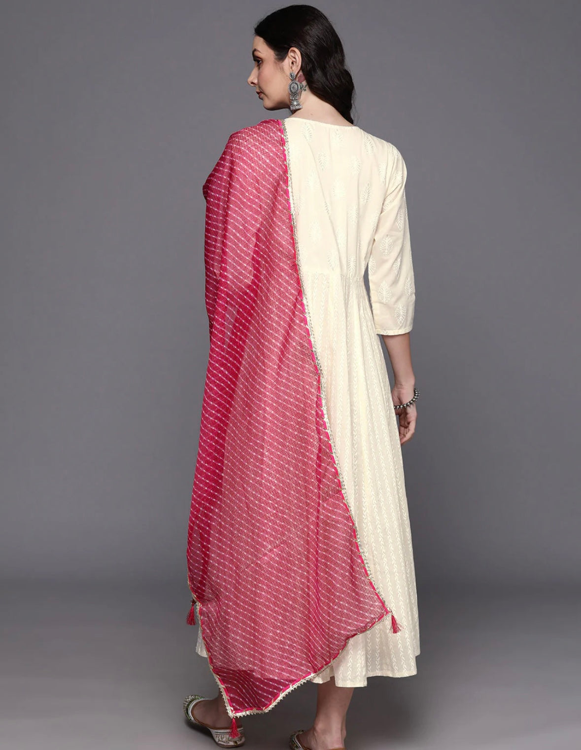 Off- White Floral Embroidered Anarkali Dress With Dupatta Set Indo-Silae