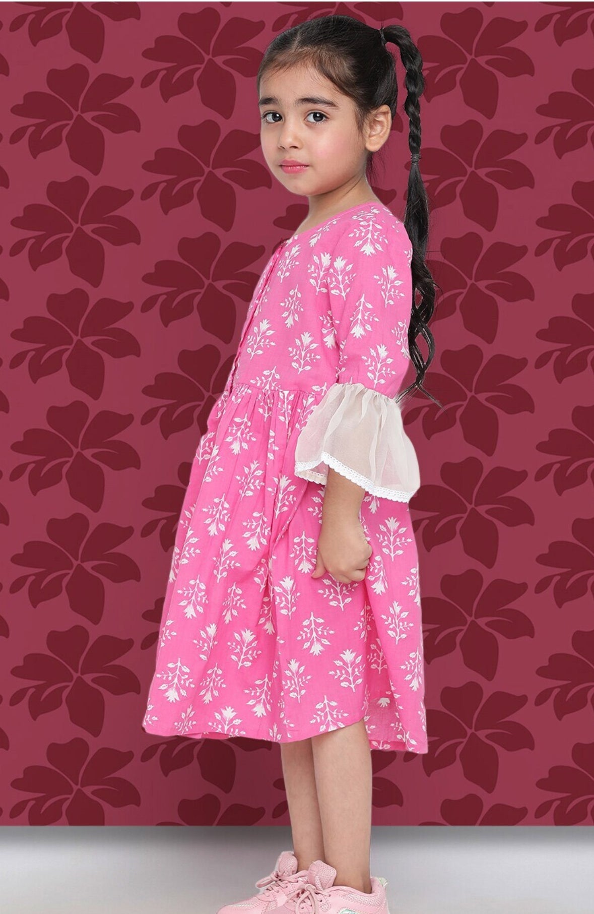Girls Pink Floral Printed Bell Sleeve Cotton A-Line Dress Indo-Silae