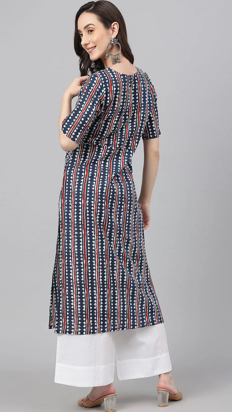 Navy Blue Cotton Geometric Straight Kurta Silae