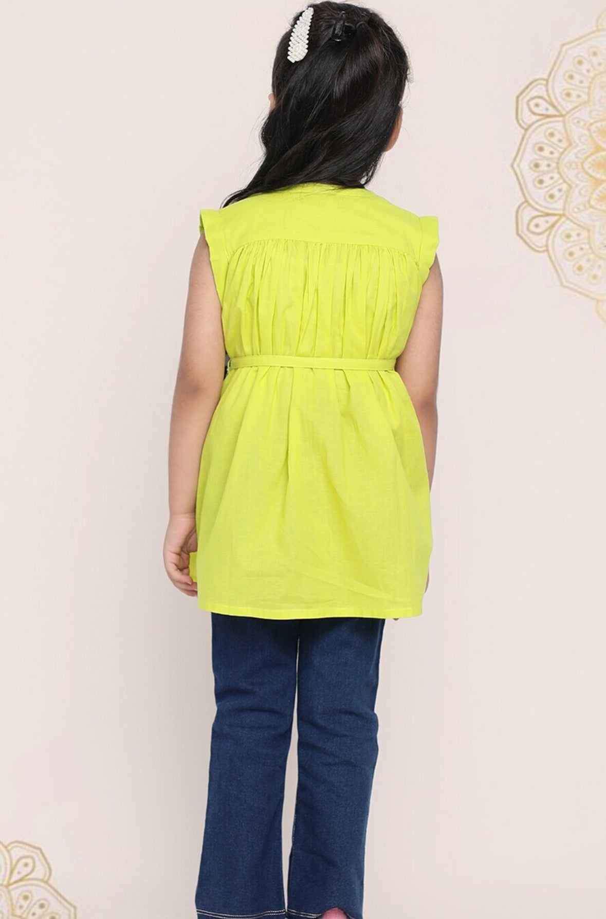 Girls Green Band Collar Extended Sleeves Cotton Top Indo-Silae
