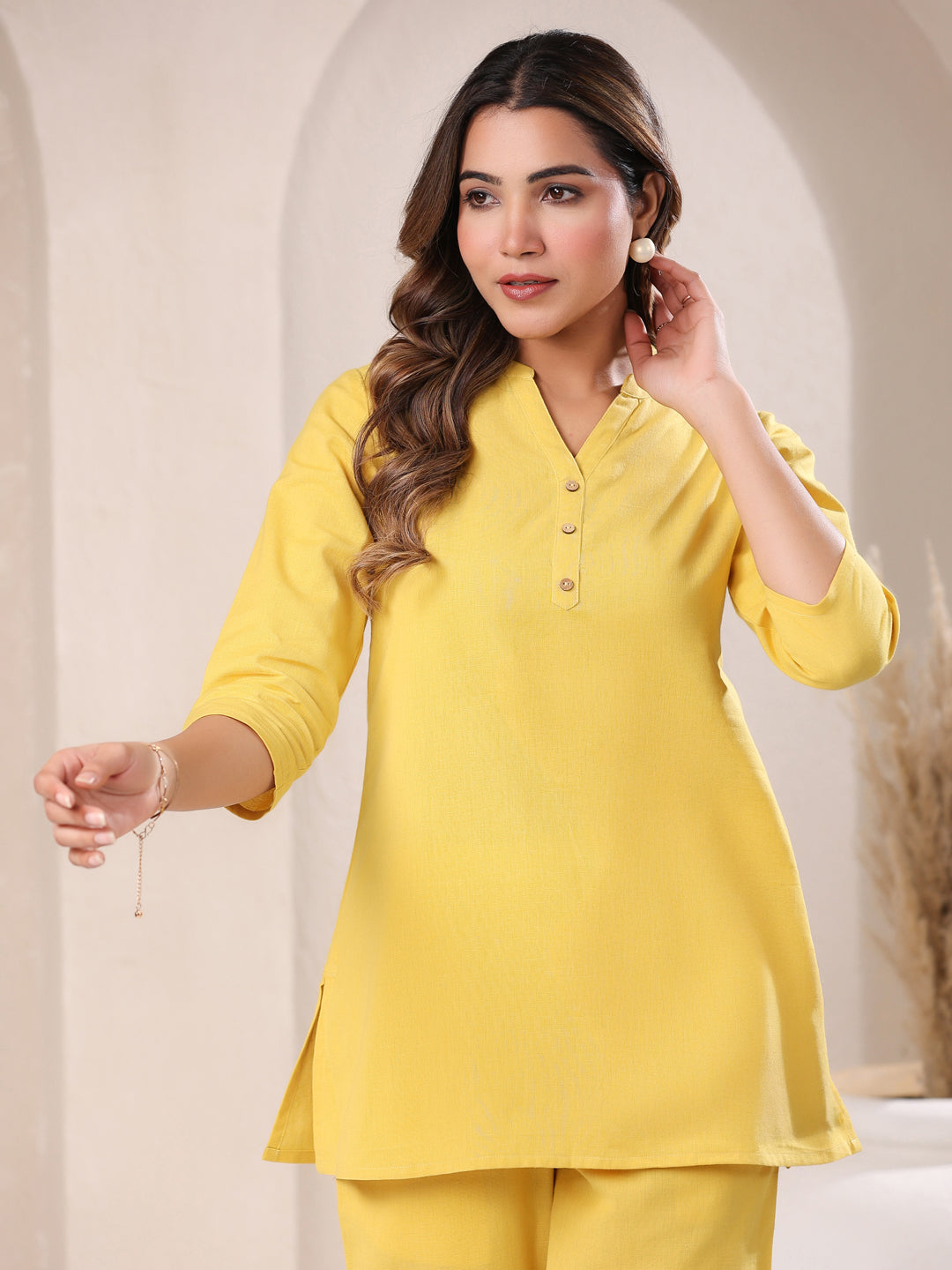 Yellow Cotton Solid A-line & Co-ord Set