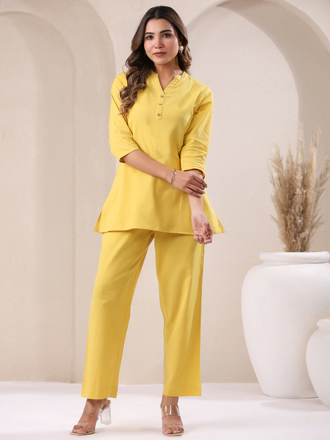 Yellow Cotton Solid A-line & Co-ord Set
