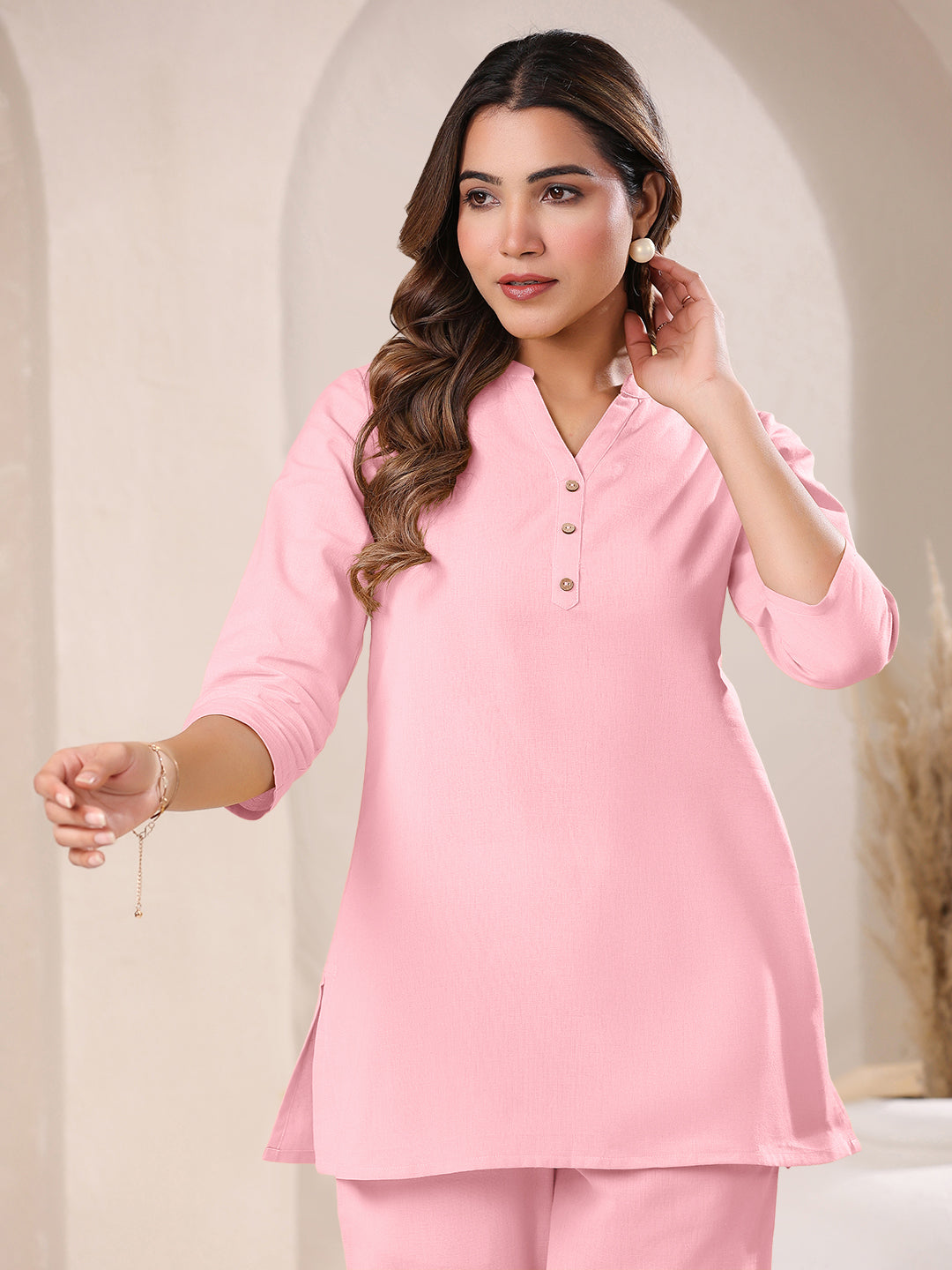 Pink Cotton Solid A-line & Co-ord Set