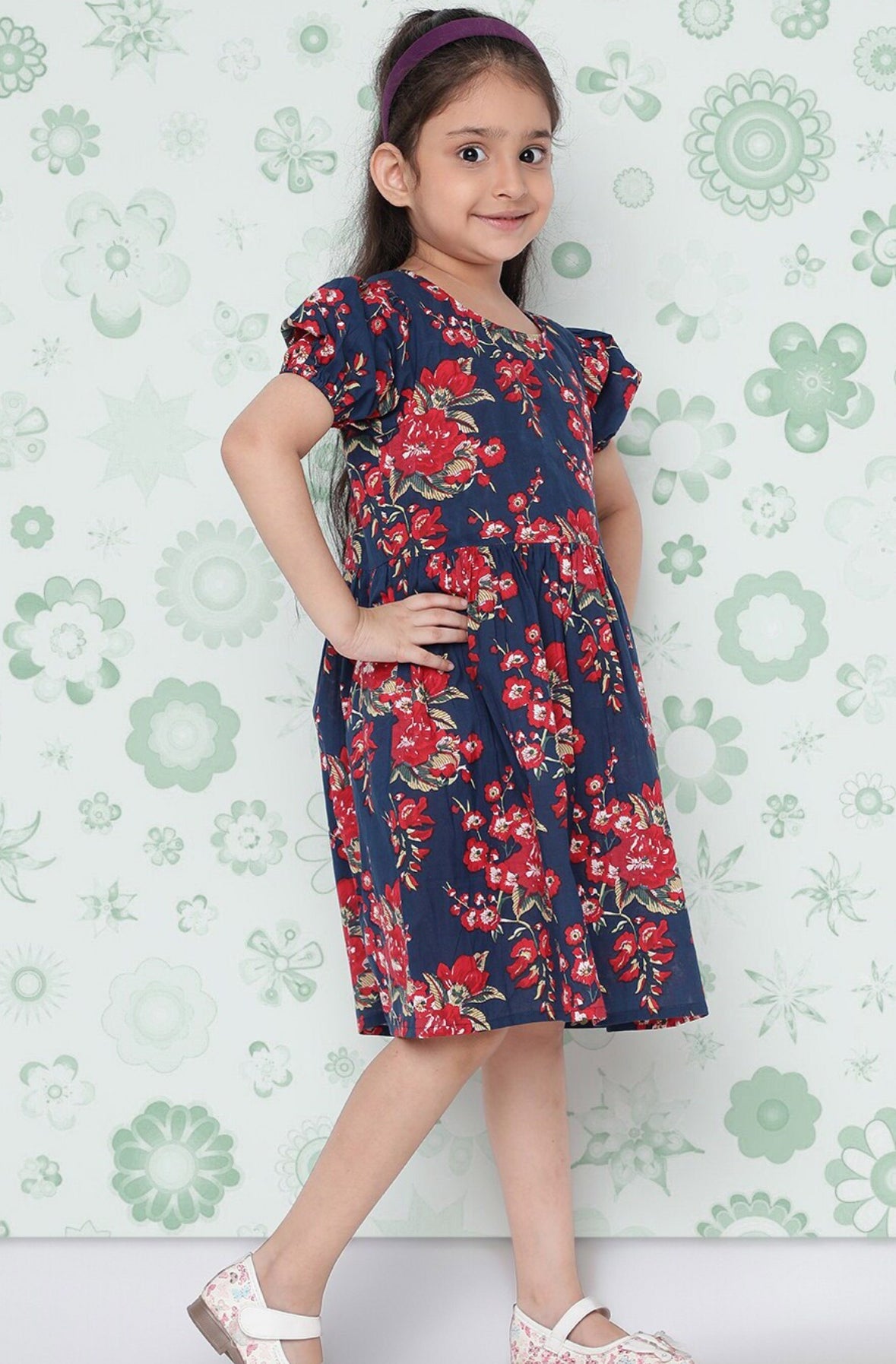 Girls Navy Blue Floral Printed Cotton A-Line Dress Indo-Silae