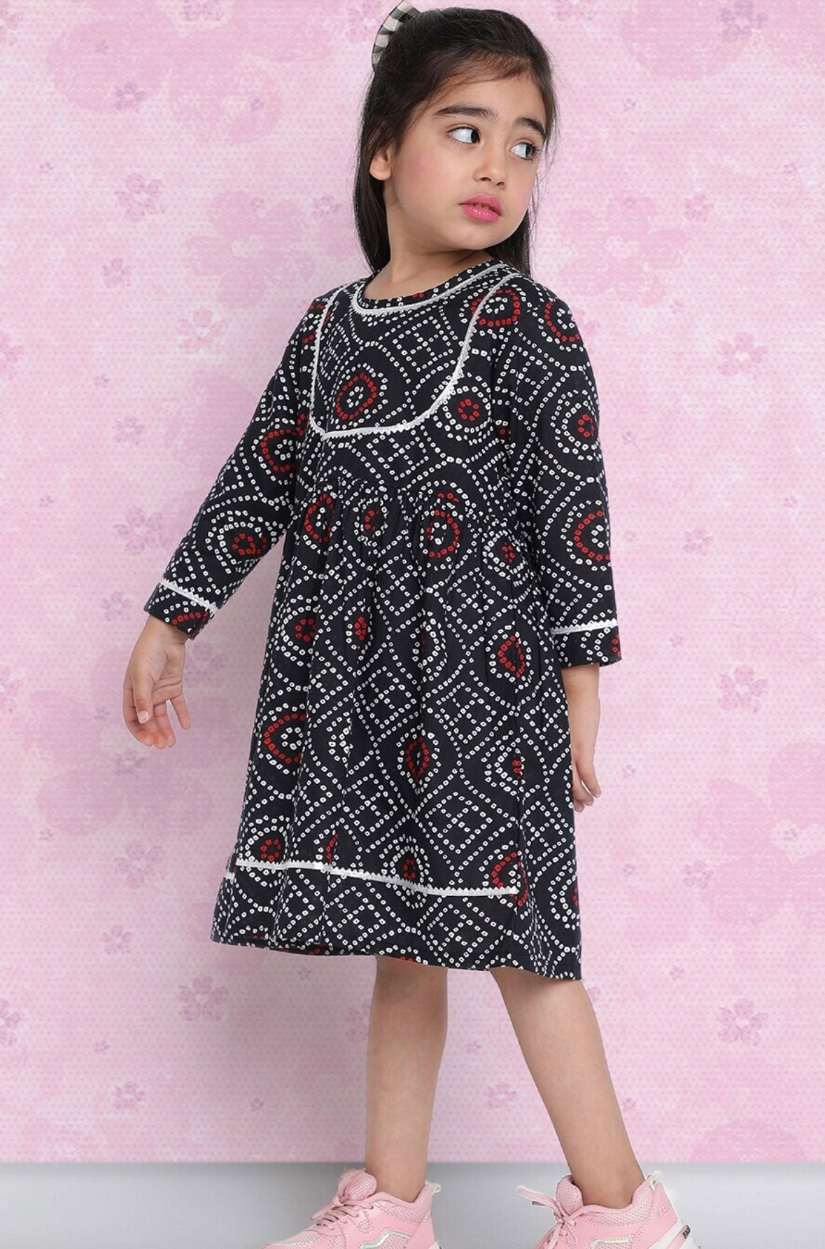 Girls Black Ethnic Print Pure Cotton Fit & Flare Dress Indo-Silae