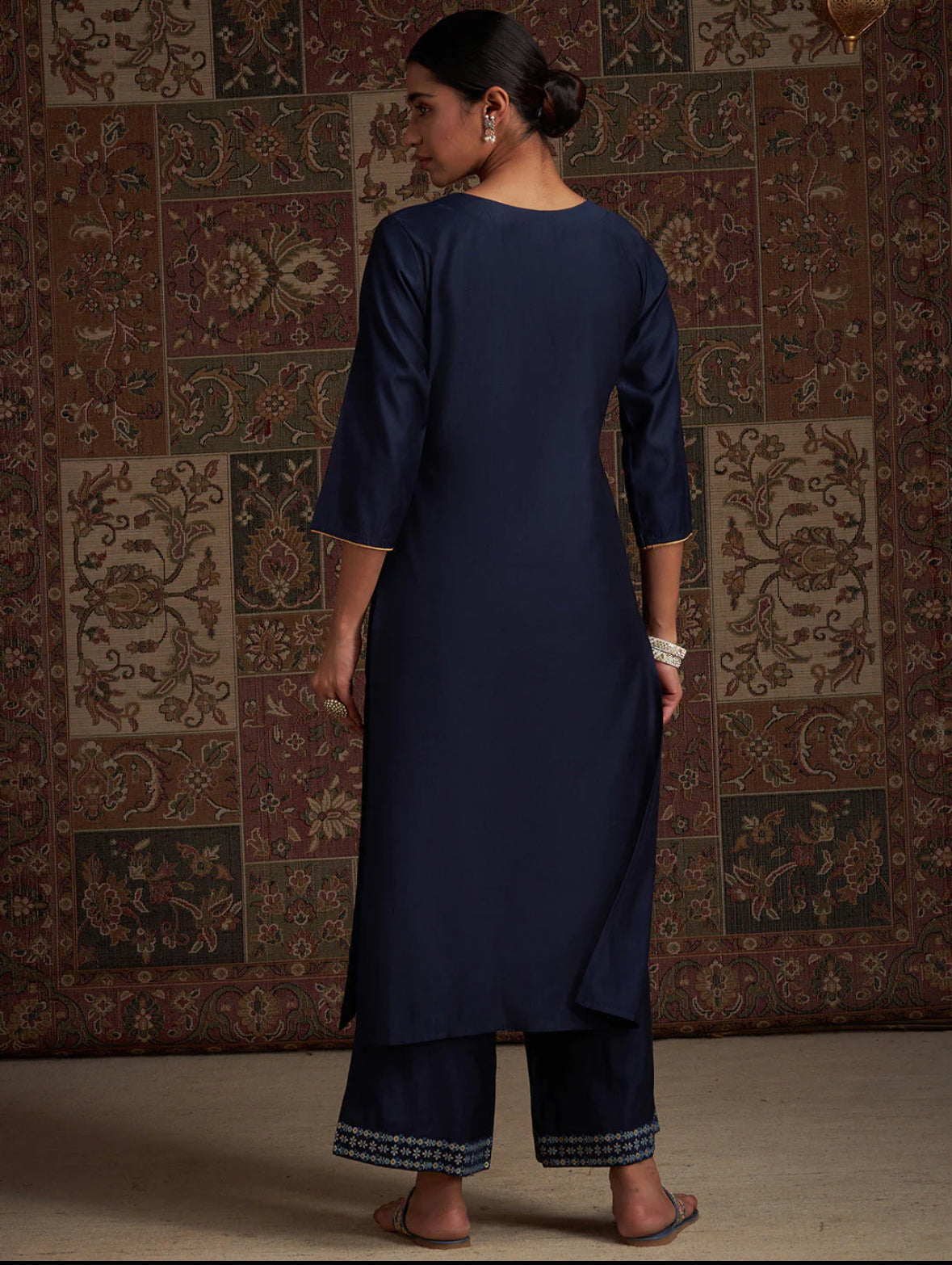 Navy Blue Embroidered Straight Kurta Palazzos With Dupatta Set Indo-Silae