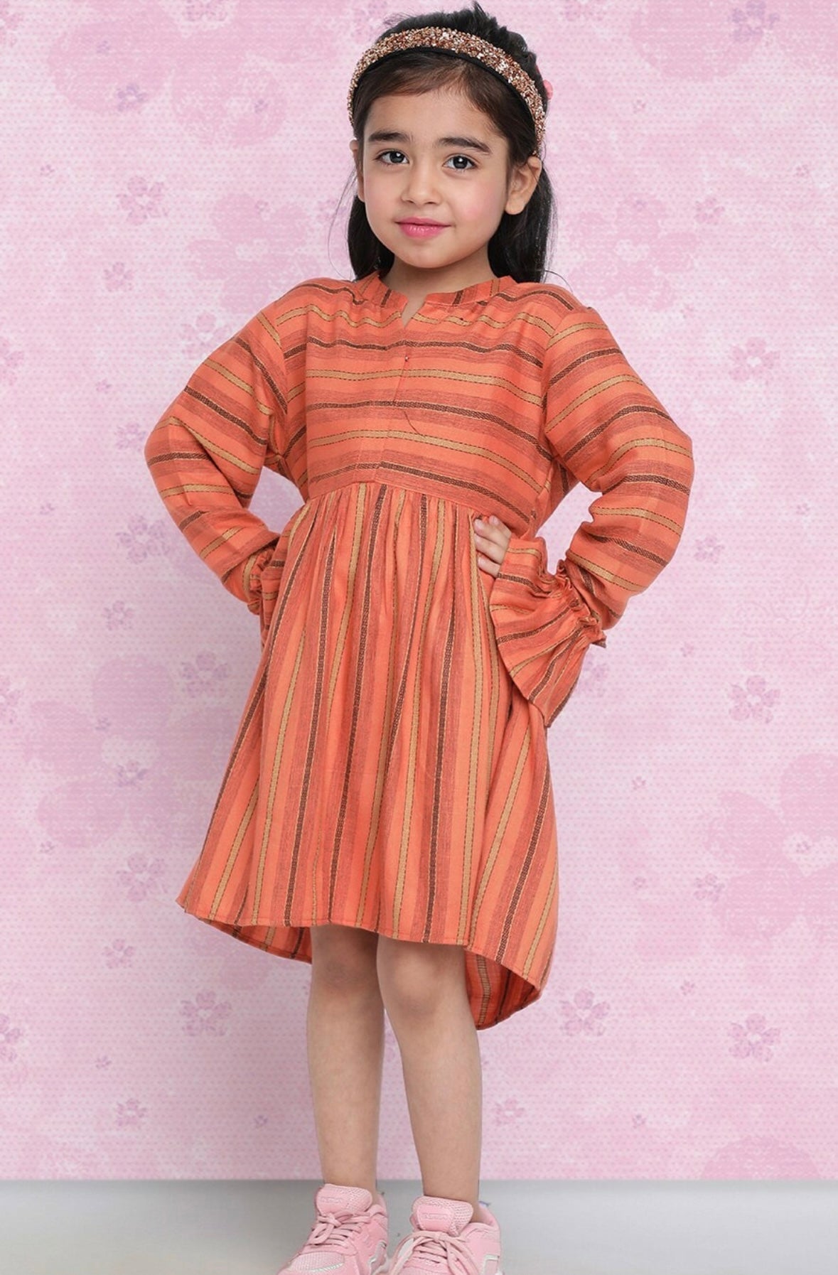 Girls Orange Striped Pure Cotton Fit & Flare Dress Indo-Silae