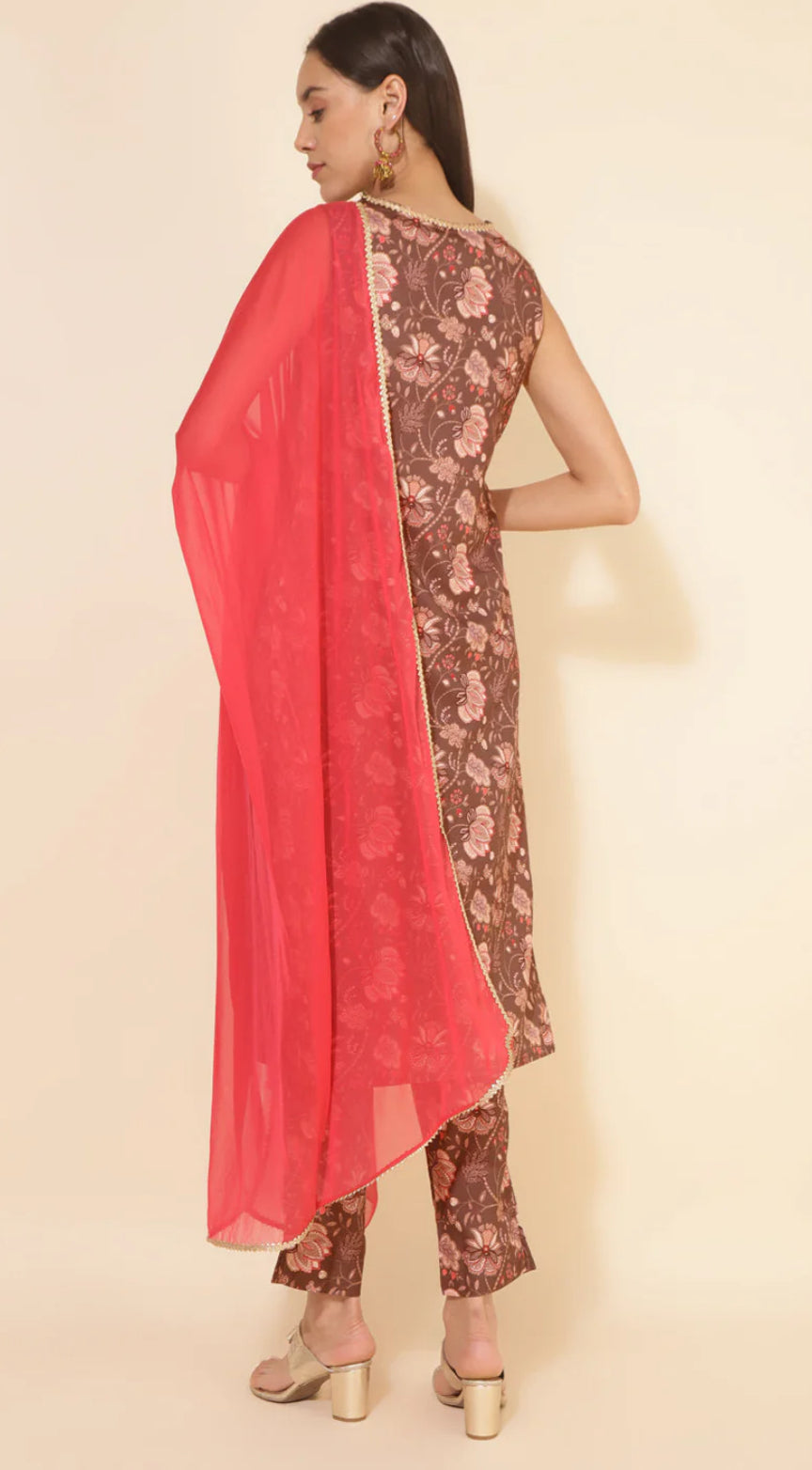 Brown Crepe Digital Floral Printed Kurta with Pant and Dupatta