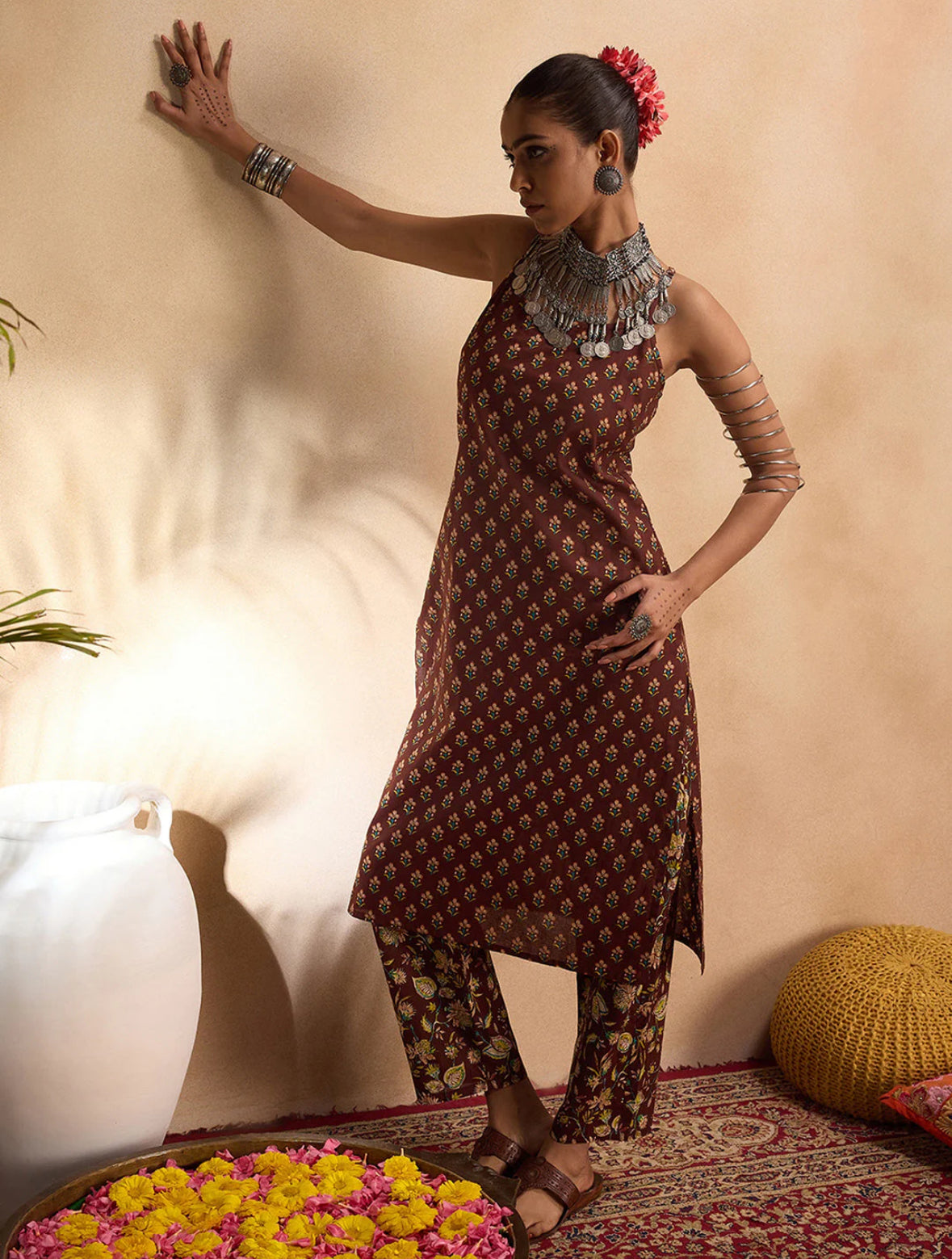 Brown Printed Straight Kurta Trousers set