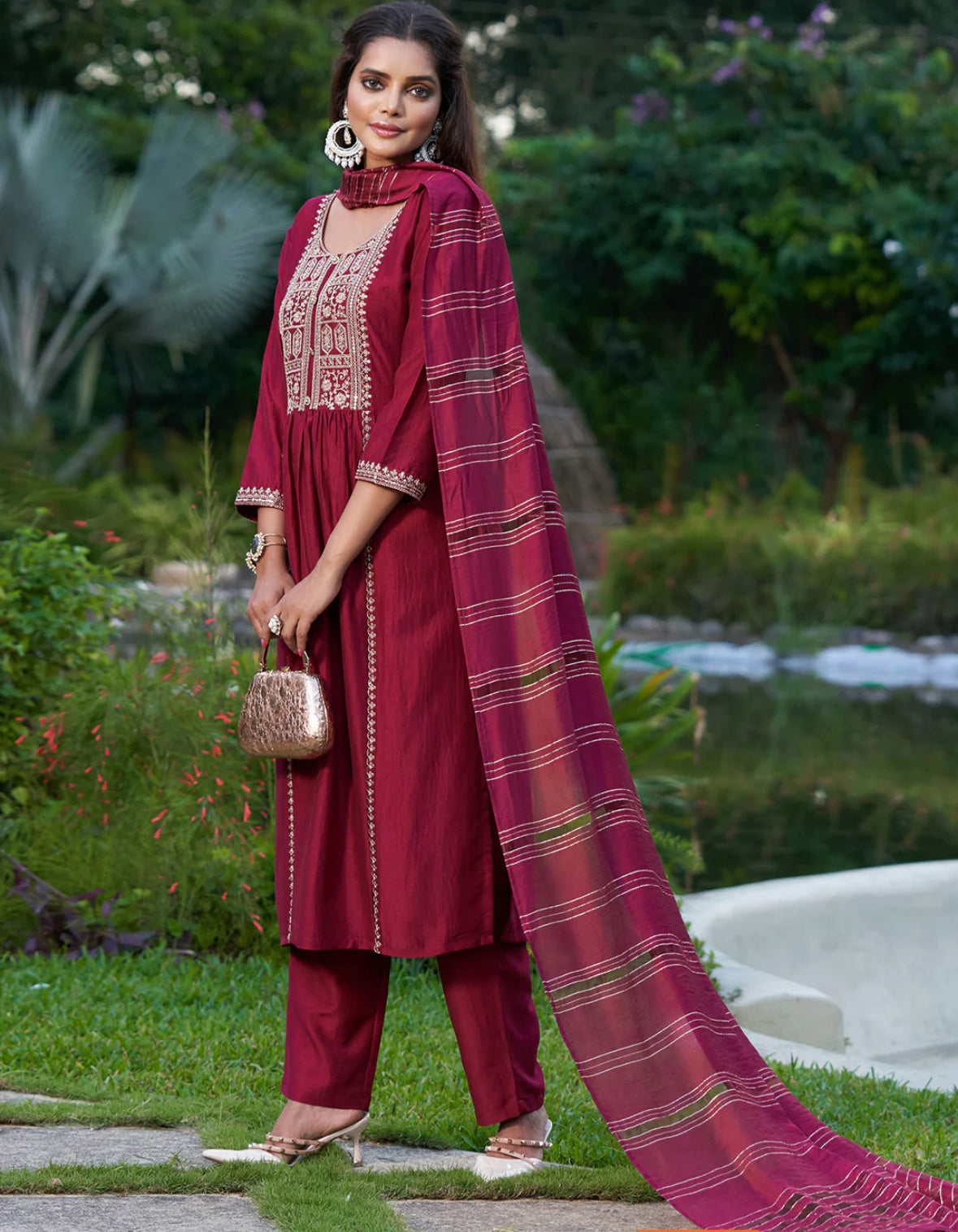 Maroon Embroidered Straight Kurta Trousers With Dupatta Set Indo-Silae