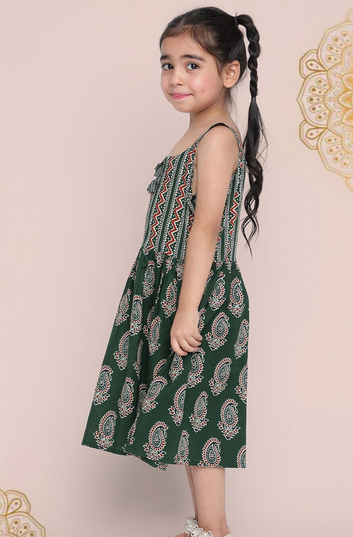 Girls Green Ethnic Motifs Printed Cotton Fit & Flare Midi Dress Indo-Silae