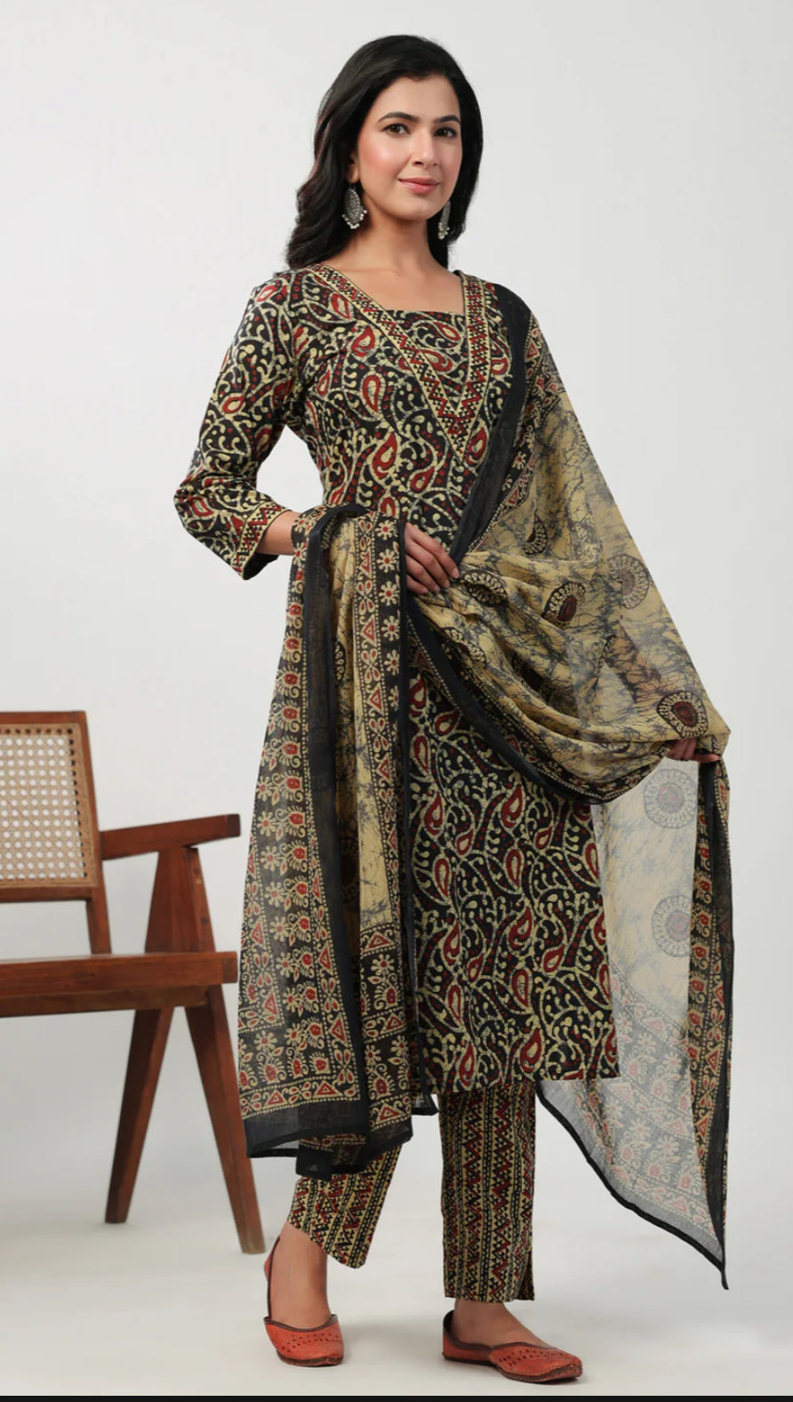 Black Cotton Batik Straight Kurta Set