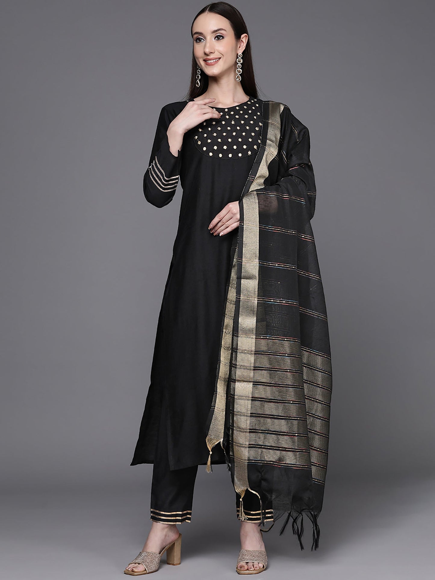 Indo Era Black Embroidered Straight Kurta With Trouser Set