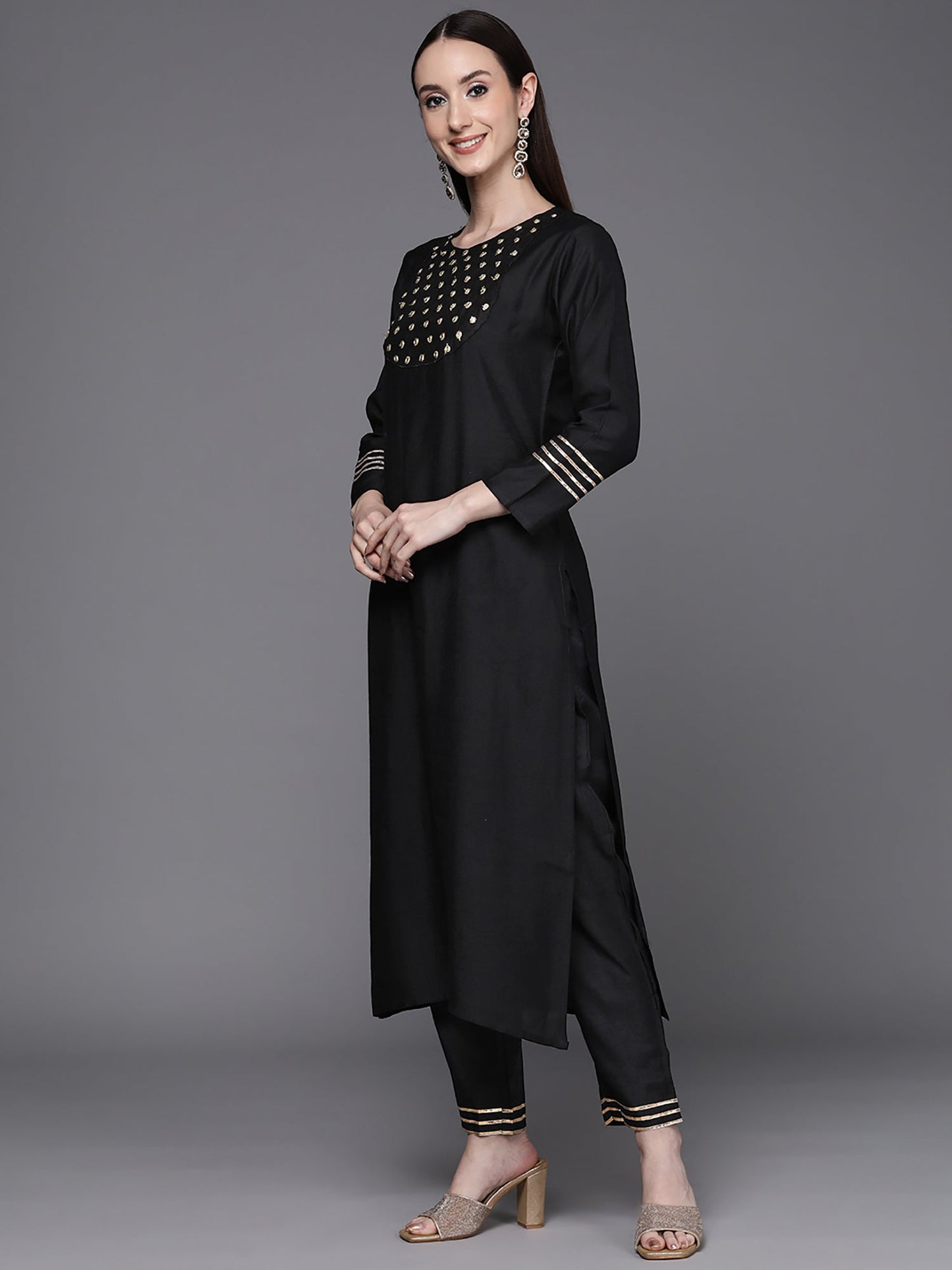 Indo Era Black Embroidered Straight Kurta With Trouser Set