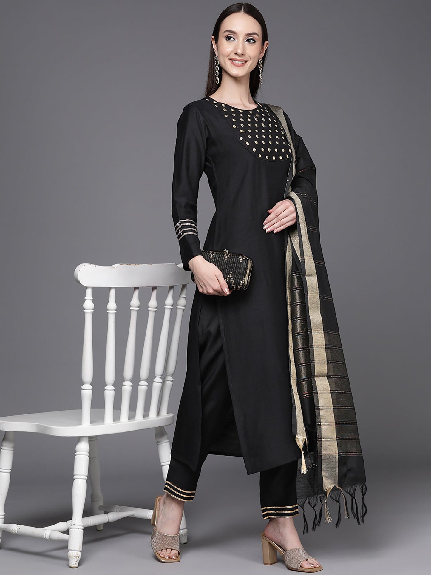 Indo Era Black Embroidered Straight Kurta With Trouser Set