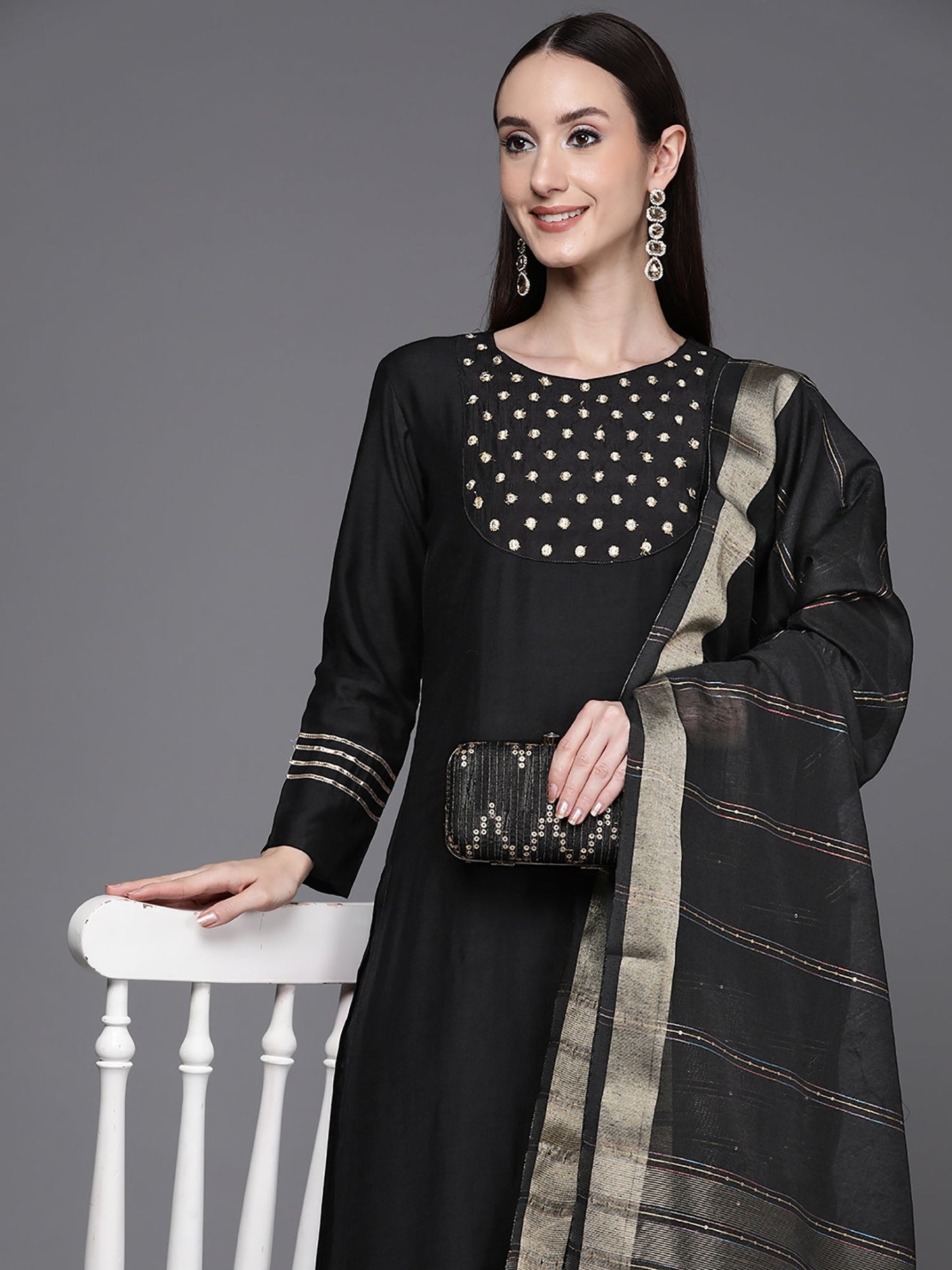 Indo Era Black Embroidered Straight Kurta With Trouser Set