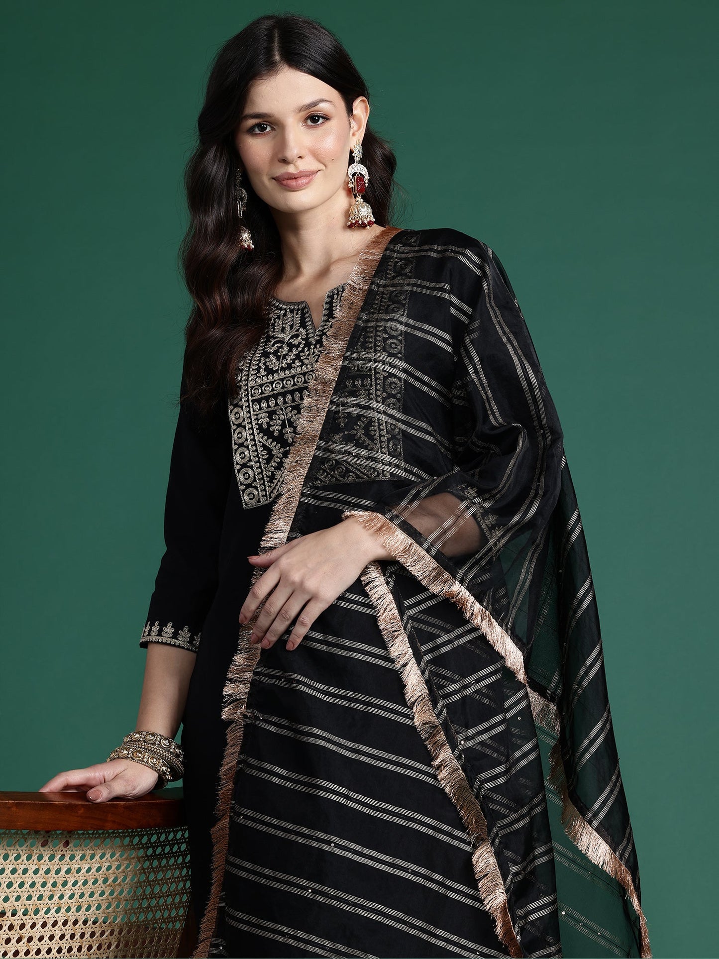 Indo Era Black Embroidered Straight Kurta Trousers With Dupatta set
