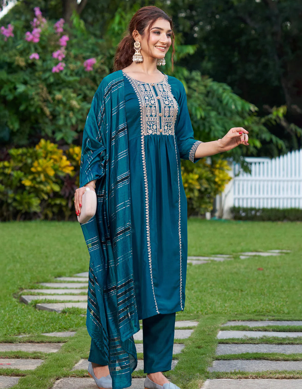 Teal Embroidered Straight Kurta Trousers With Dupatta Set