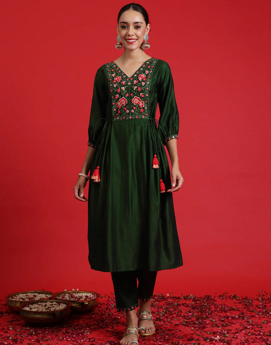Green Embroidered A-Line Kurta Trousers Set Indo-Silae