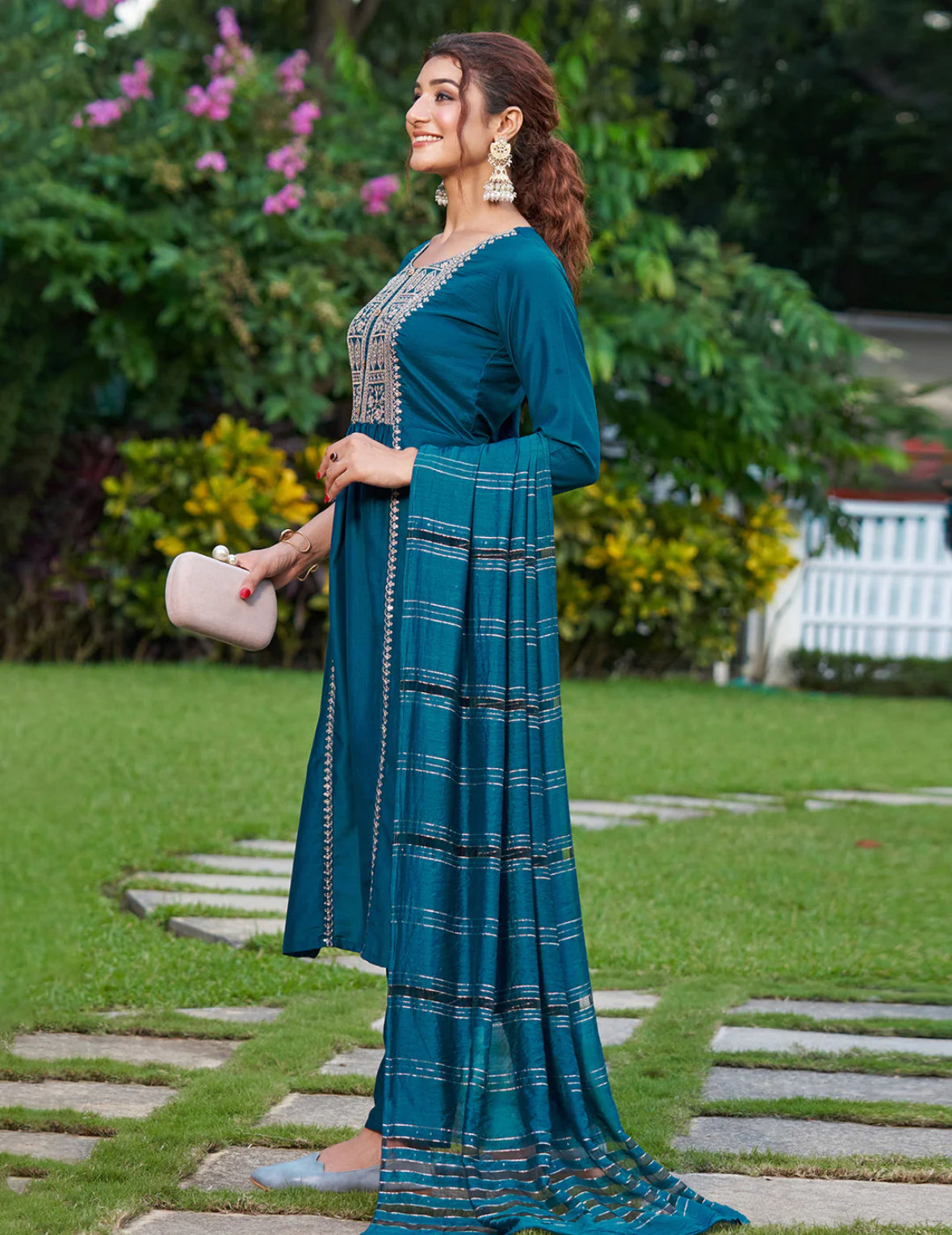 Teal Embroidered Straight Kurta Trousers With Dupatta Set